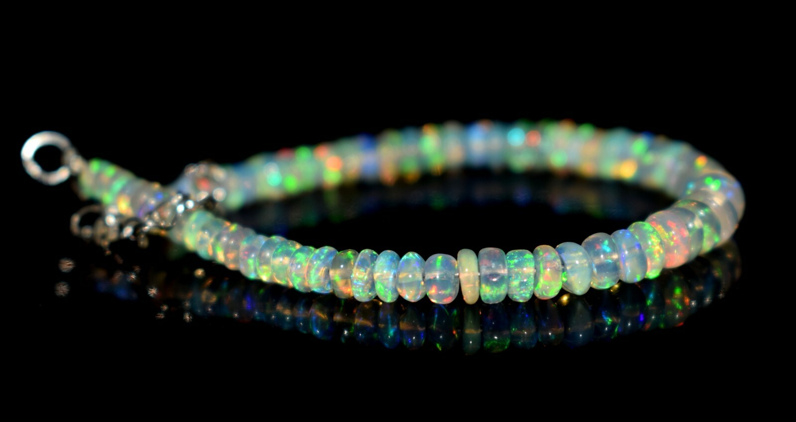 925 Sterling Silver Natural Ethiopian Opal Gemstone Beads 7"Bracelet F1730