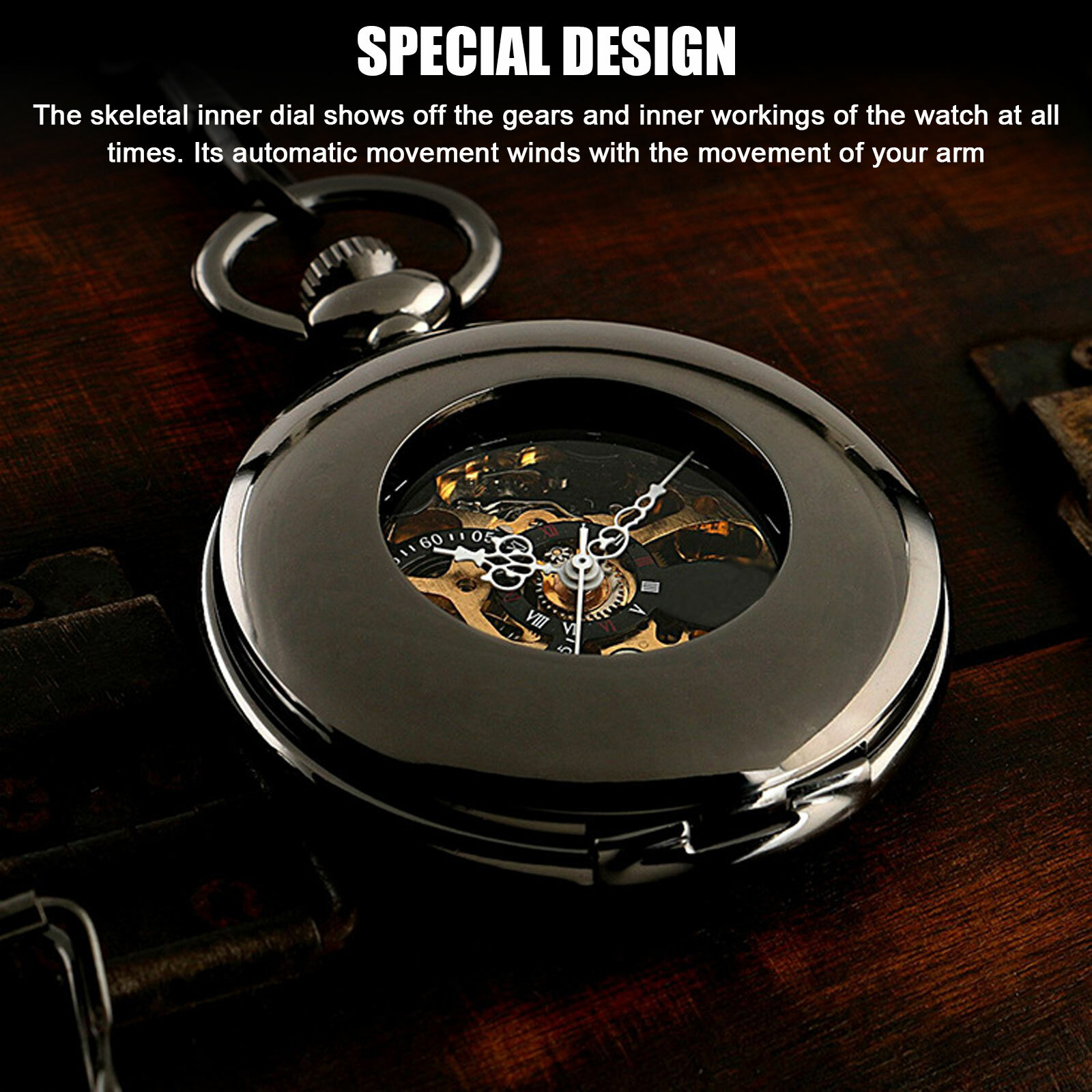 Mens Pocket Watch Mechanical Black Steampunk Skeleton Retro Chain Luxury Classic