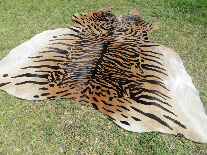 HUGE ! TIGER BENGAL print printed Cowhide Rug natural Cow Hide Skin beige zebra