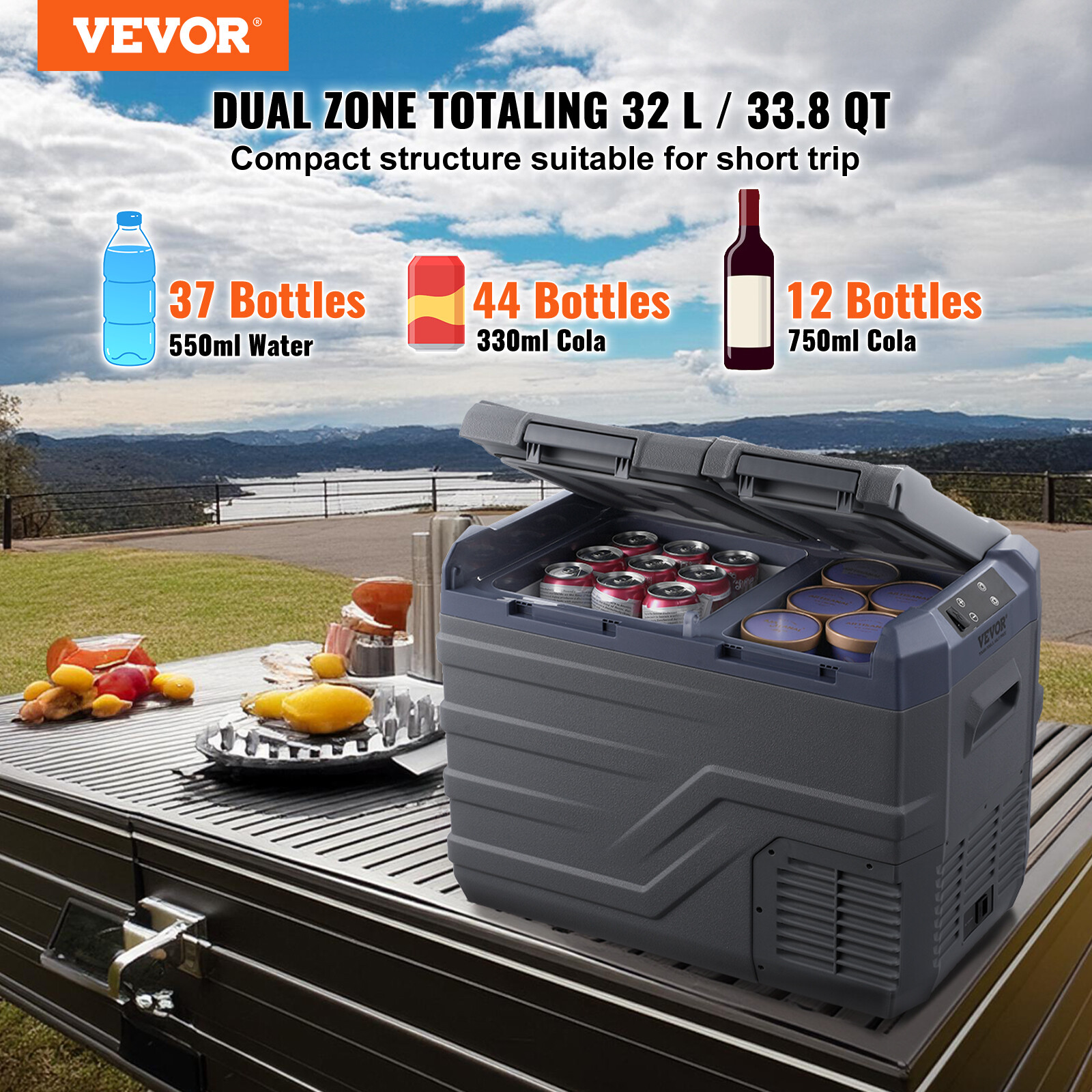 VEVOR Portable Car Refrigerator Freezer Compressor 32 L Dual Zone 2 Temp Control
