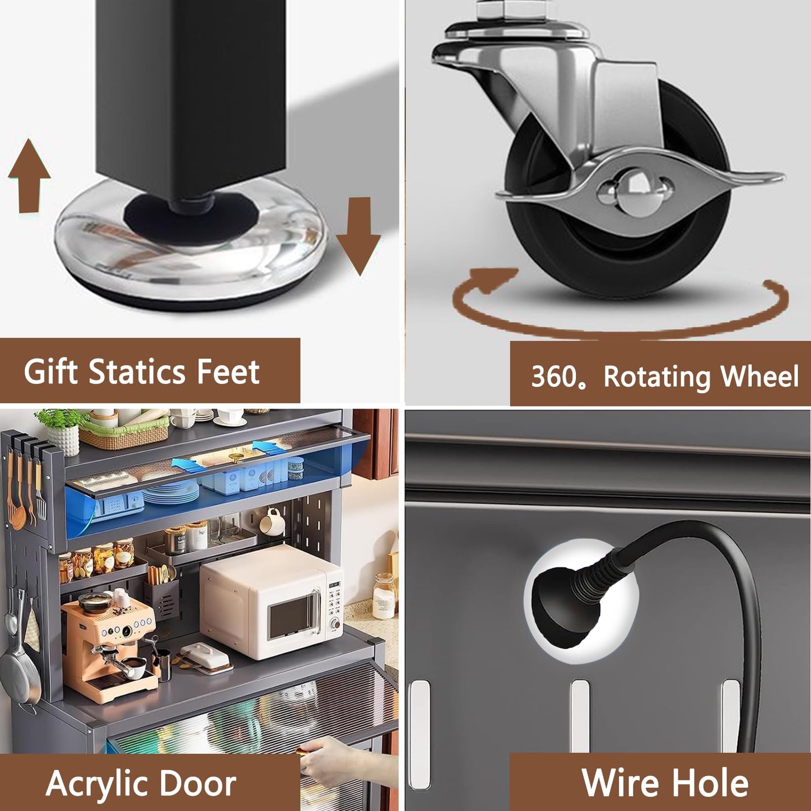 63" 5 Tier Bakers Rack Kitchen Cabinet with Clear Doors Adjustable Shelves