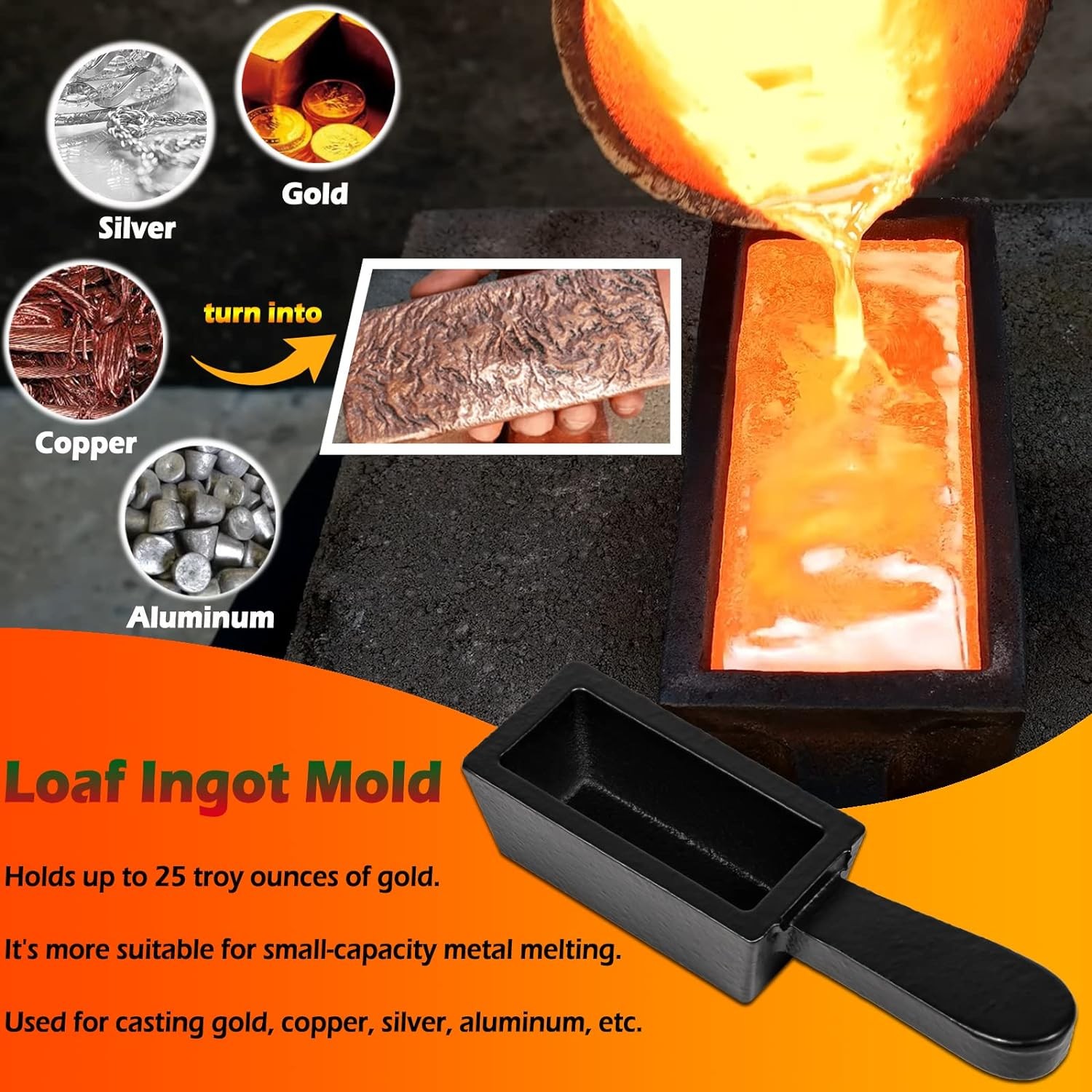 25 oz Gold Bar Loaf Cast Iron Ingot Mold for Custom Smelting Pouring Melting