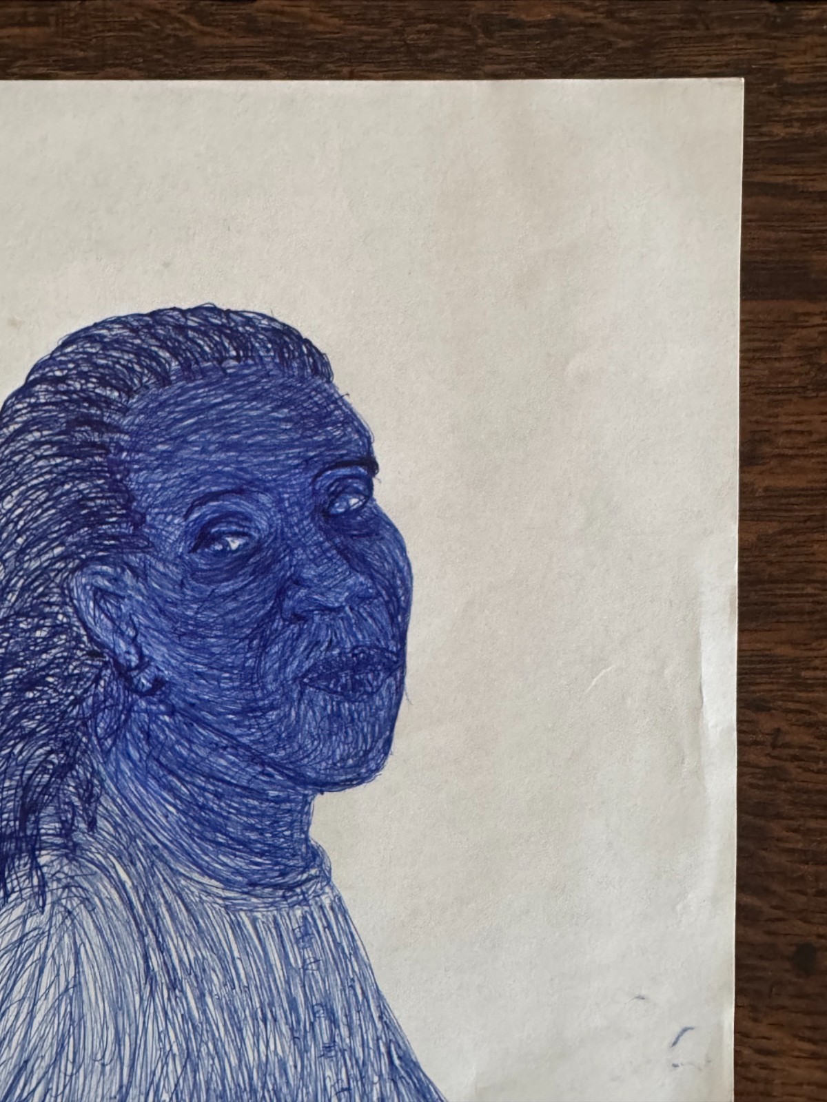 Original Young African-American Woman Blue Ballpoint Pen Portrait Drawing 9"x12"