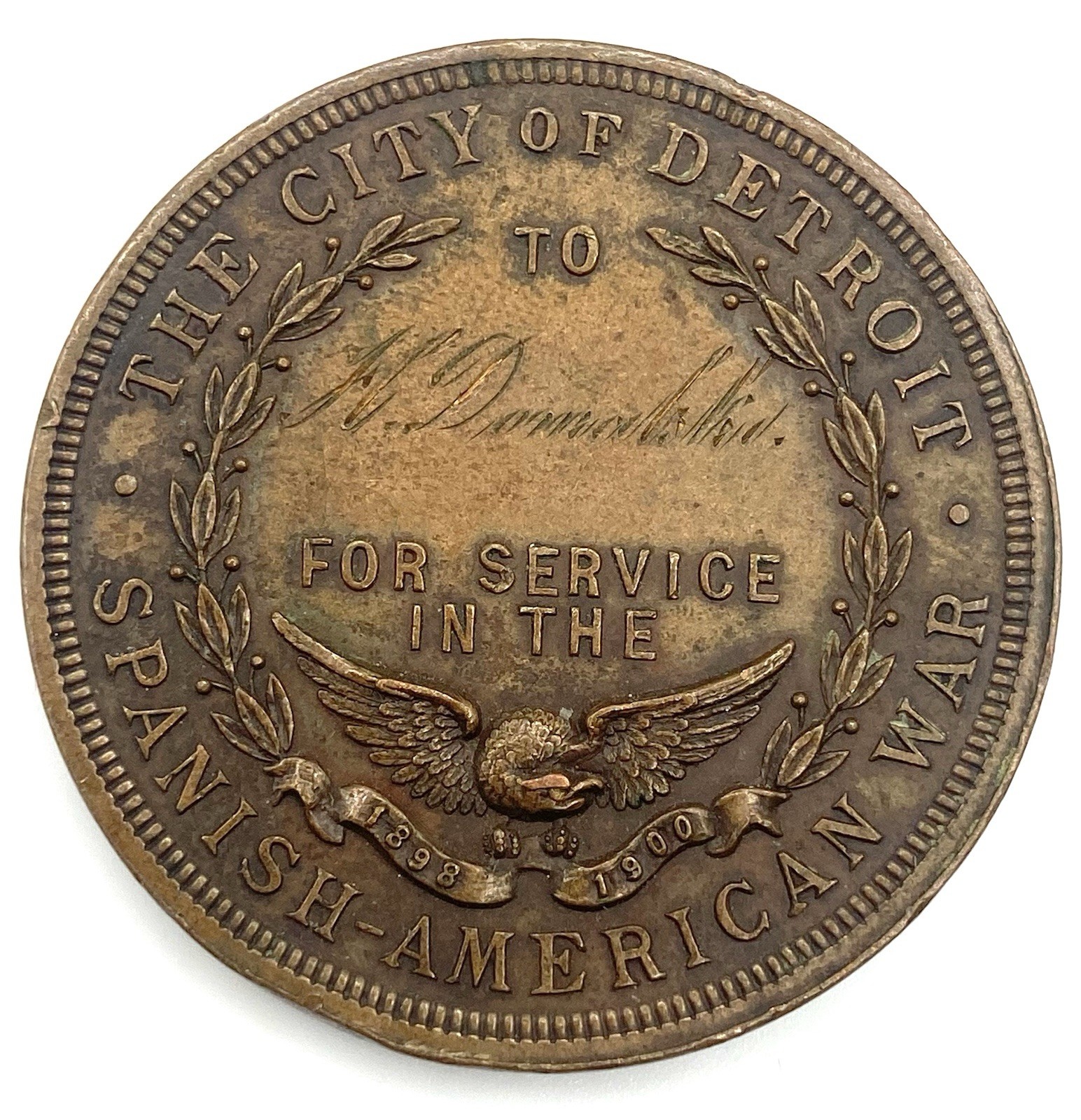 1701 - 1901 City of Detroit Spanish-American War Veteran’s Medal 38 mm