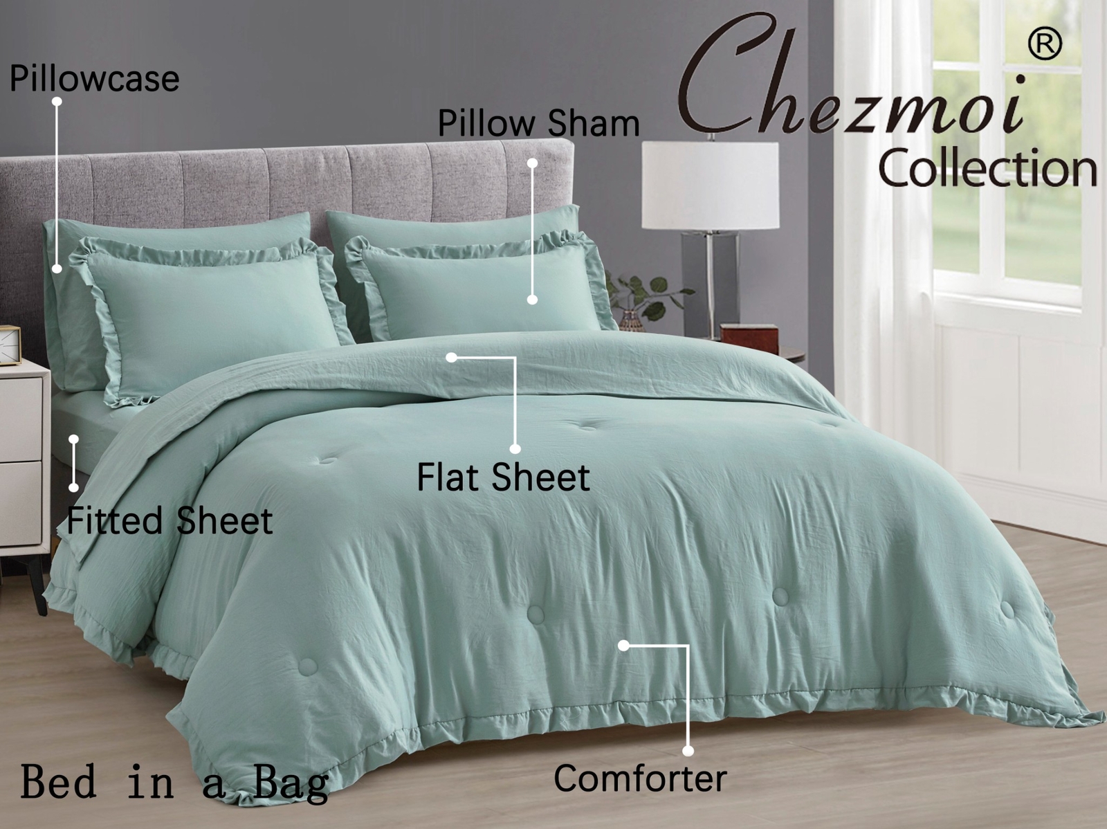 Chezmoi Collection Eleanora Bed in a Bag Comforter Set w/ Ruffle Edge Trim