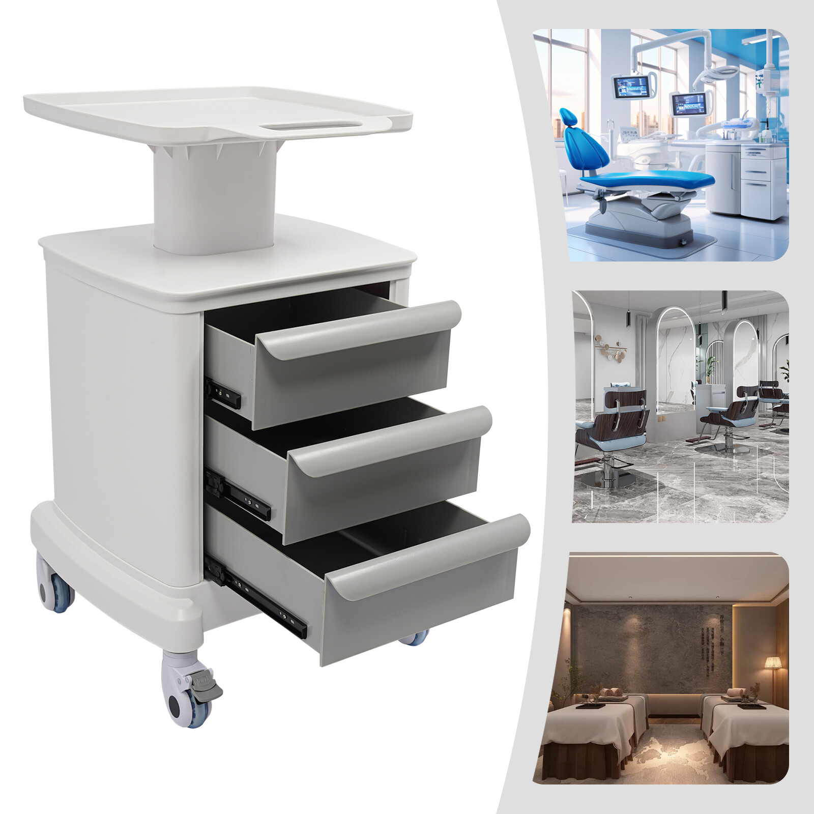 Dental Medical Mobile Cart Instrument Trolley 3 Drawers with Power Socket