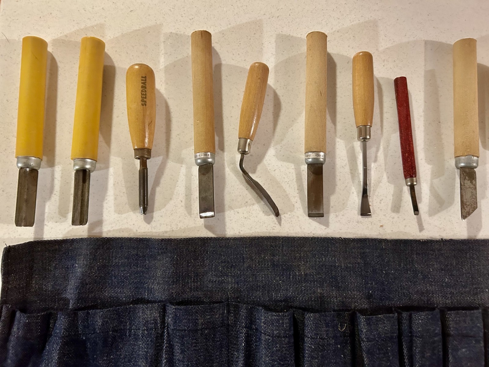 Vintage Doniger Italy Wood Carving Set 16pc Tools Speedball & Denim Roll