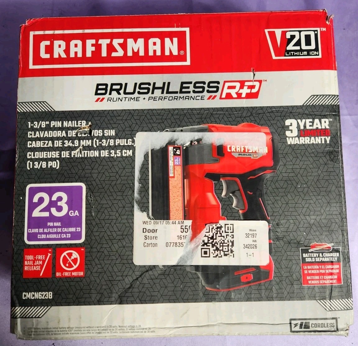 Craftsman V20 CMCN623B 23GA Cordless Pin Nailer Bare Tool Open Box