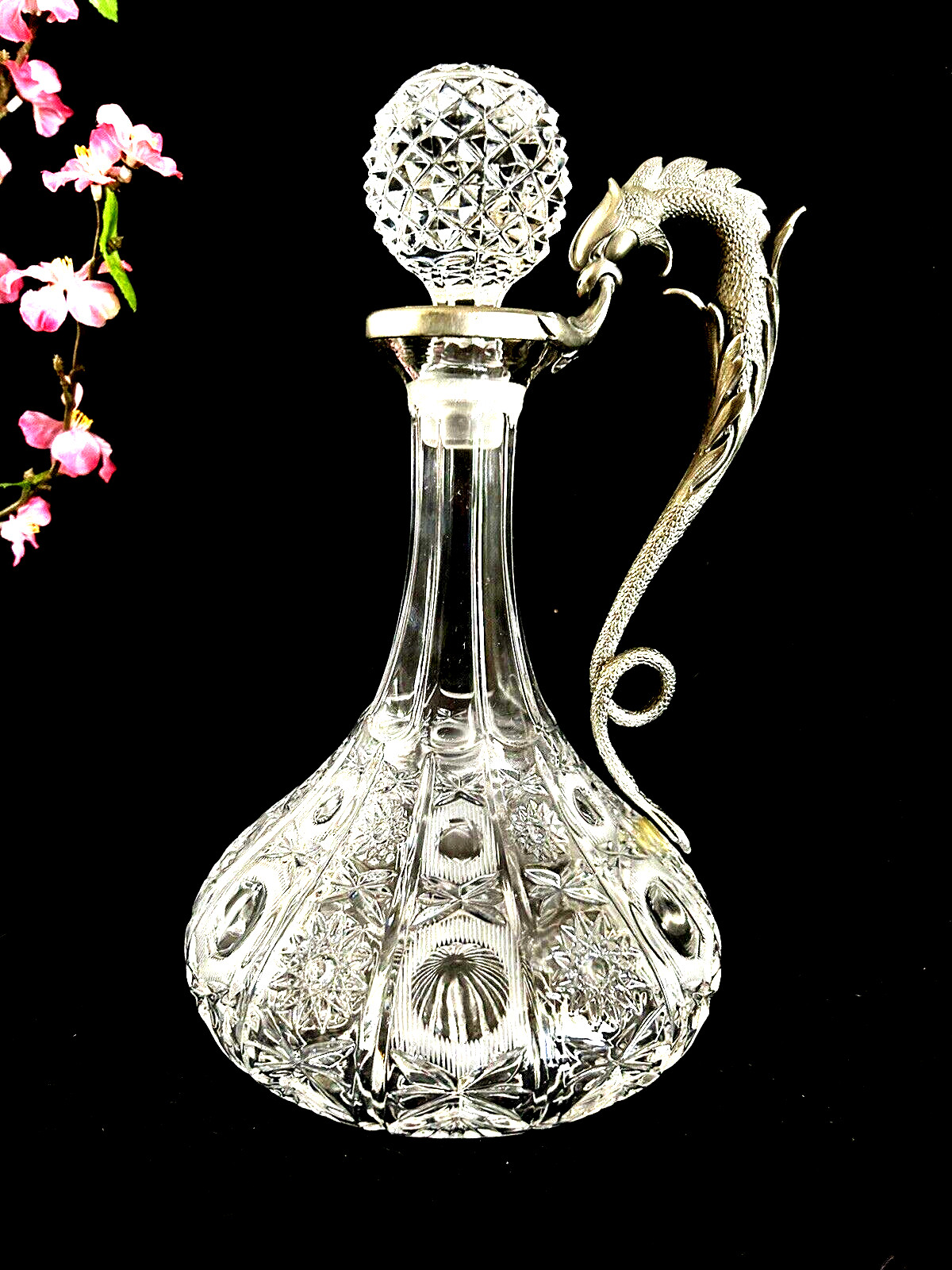 Glass Crystal Decanter Dragon Handle 11.5" Tall Italy