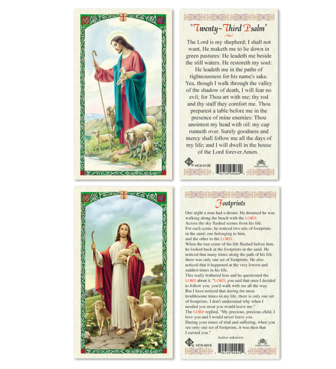 Laminated "Psalm 23 Lord is My Shepherd" & "Footprints" Holy Prayer Card Set