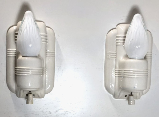 Vtg Porcelain Sconce Light Pair Bathroom Ceramic Wall Fixture Art Deco USA #L19
