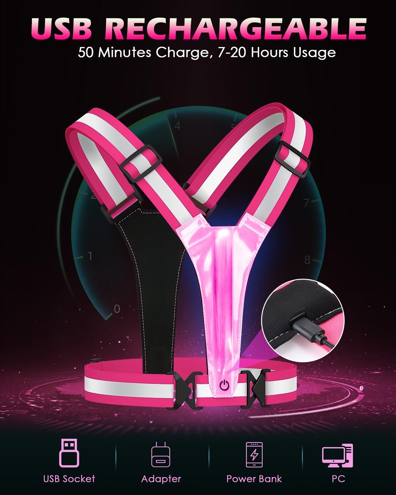 High Visibility Reflective Running Vest 5 Lights Rechargeable Adjustable