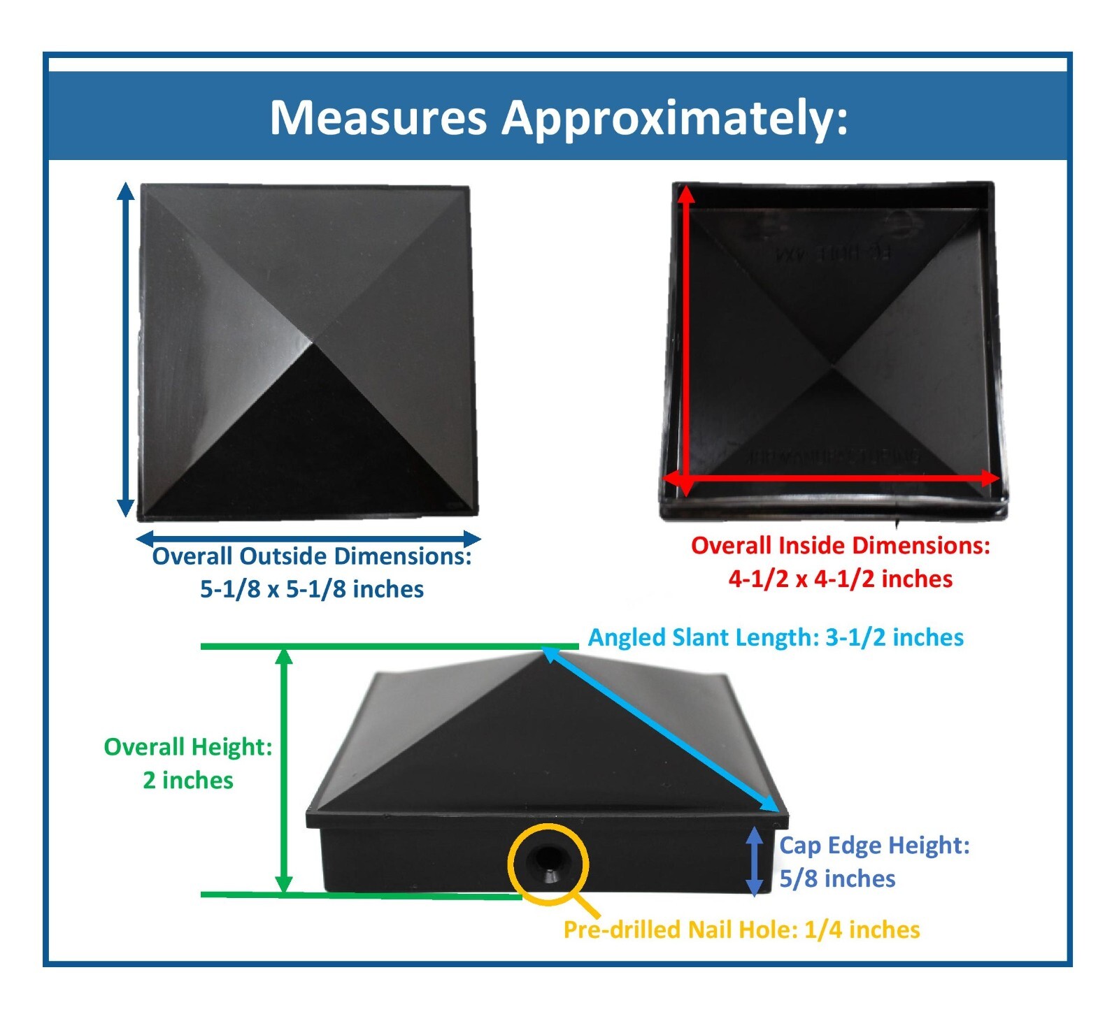 Plastic Pyramid 5x5 Nominal (4-1/2"x4-1/2") Fence Post Cap with Pre-Drilled Hole