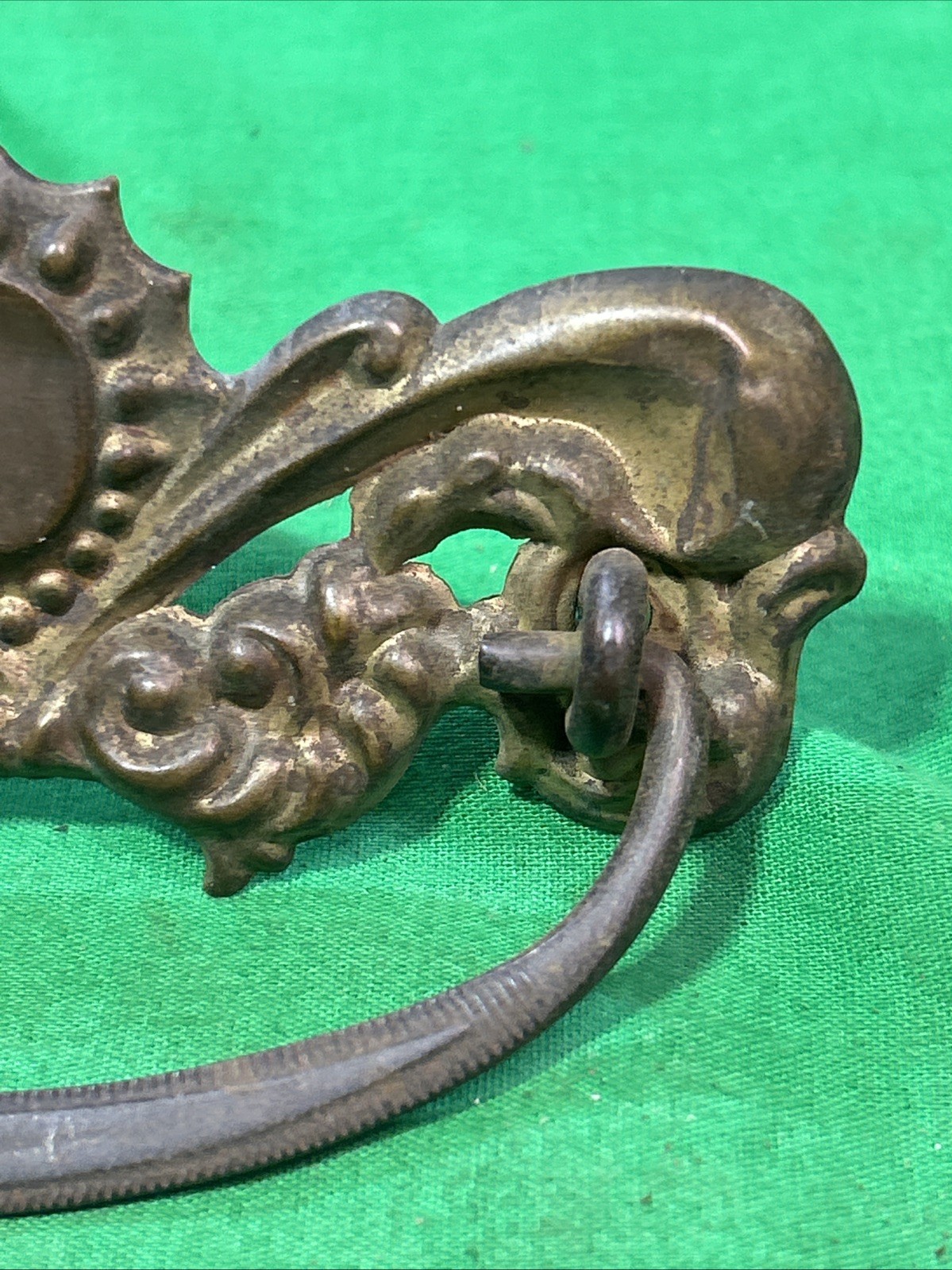 Two ANTIQUE Brass Pressed Drawer Pull Furniture Hardware Circle Metal Bail