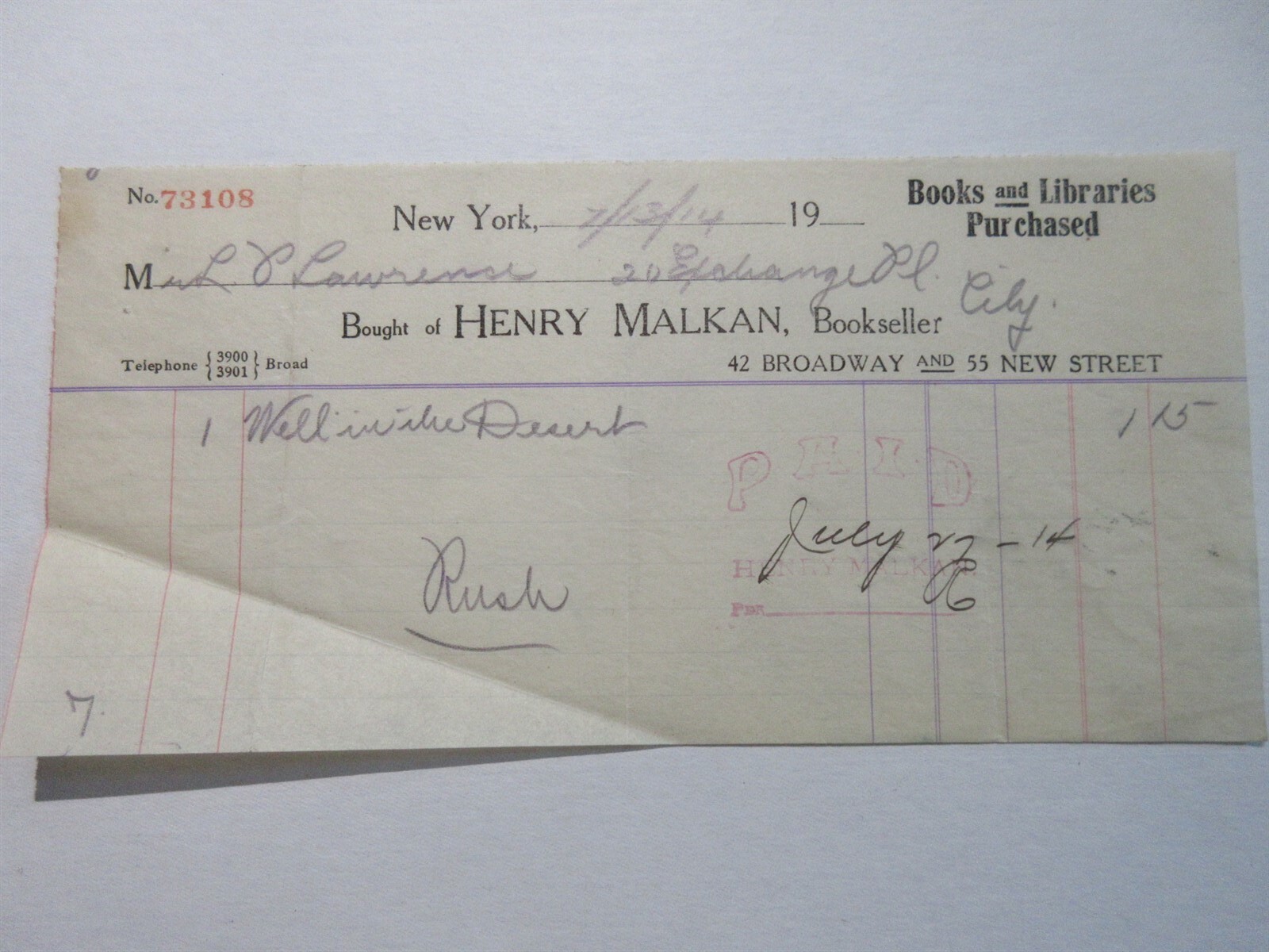 1914 Henry Malkan Bookseller receipt for Well in the Desert New York City