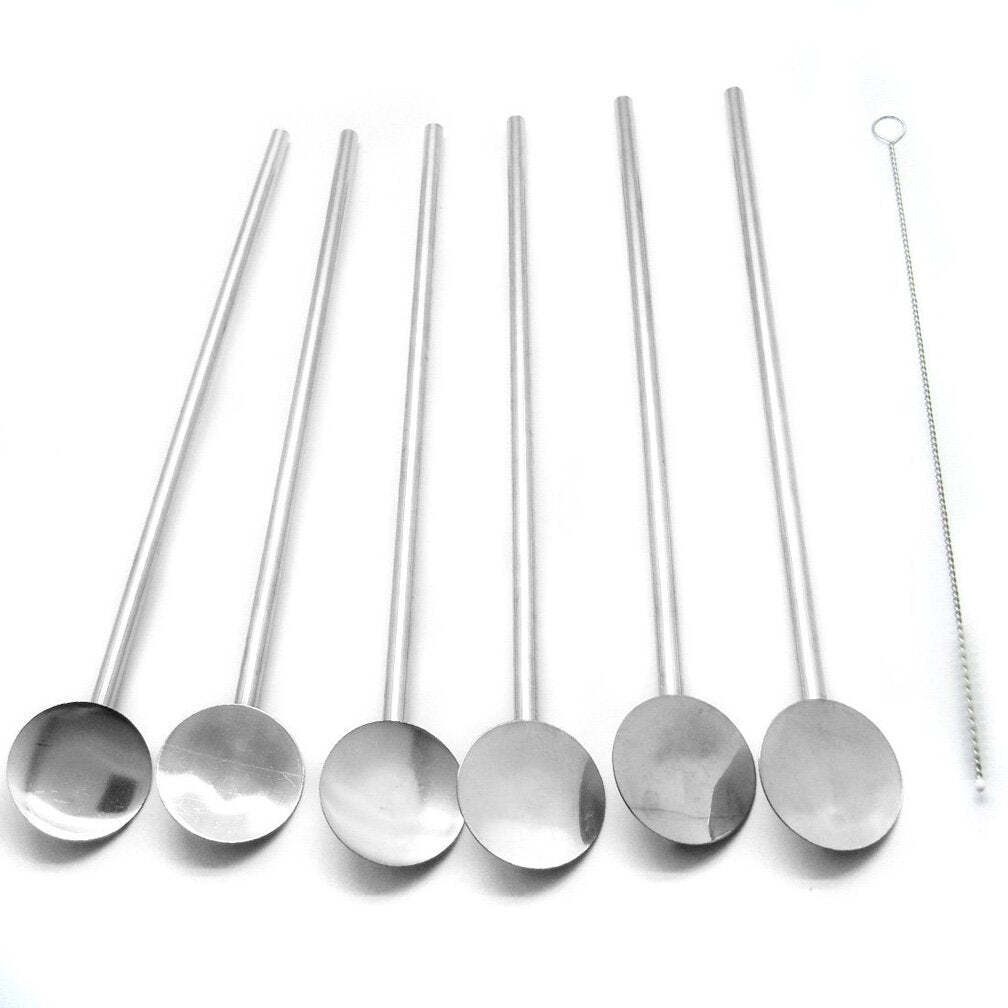 Fine Stainless Steel Reusable Spoon Drink Straw Set Long Spoons / Stirrer