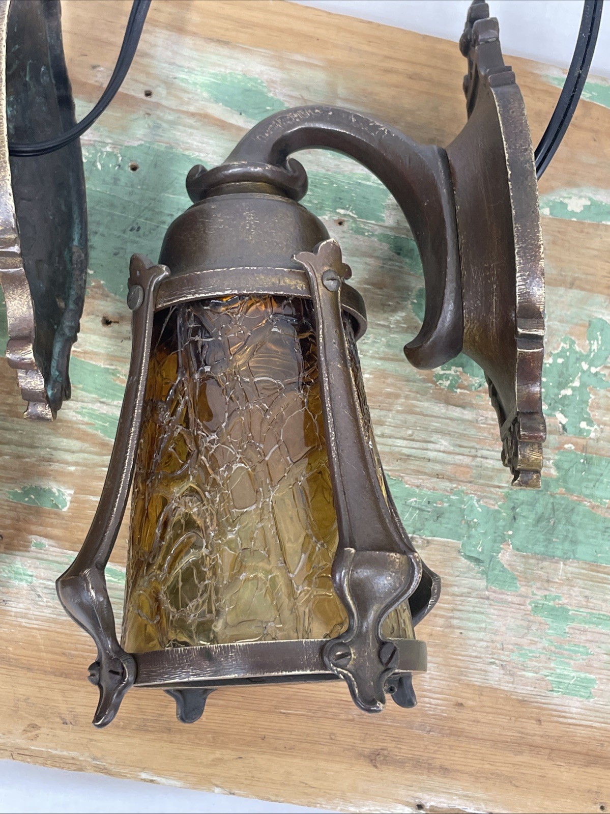 RESTORED Pair Antique Vtg Tudor Arts Crafts Wall Sconces Amber Glass Porch Light