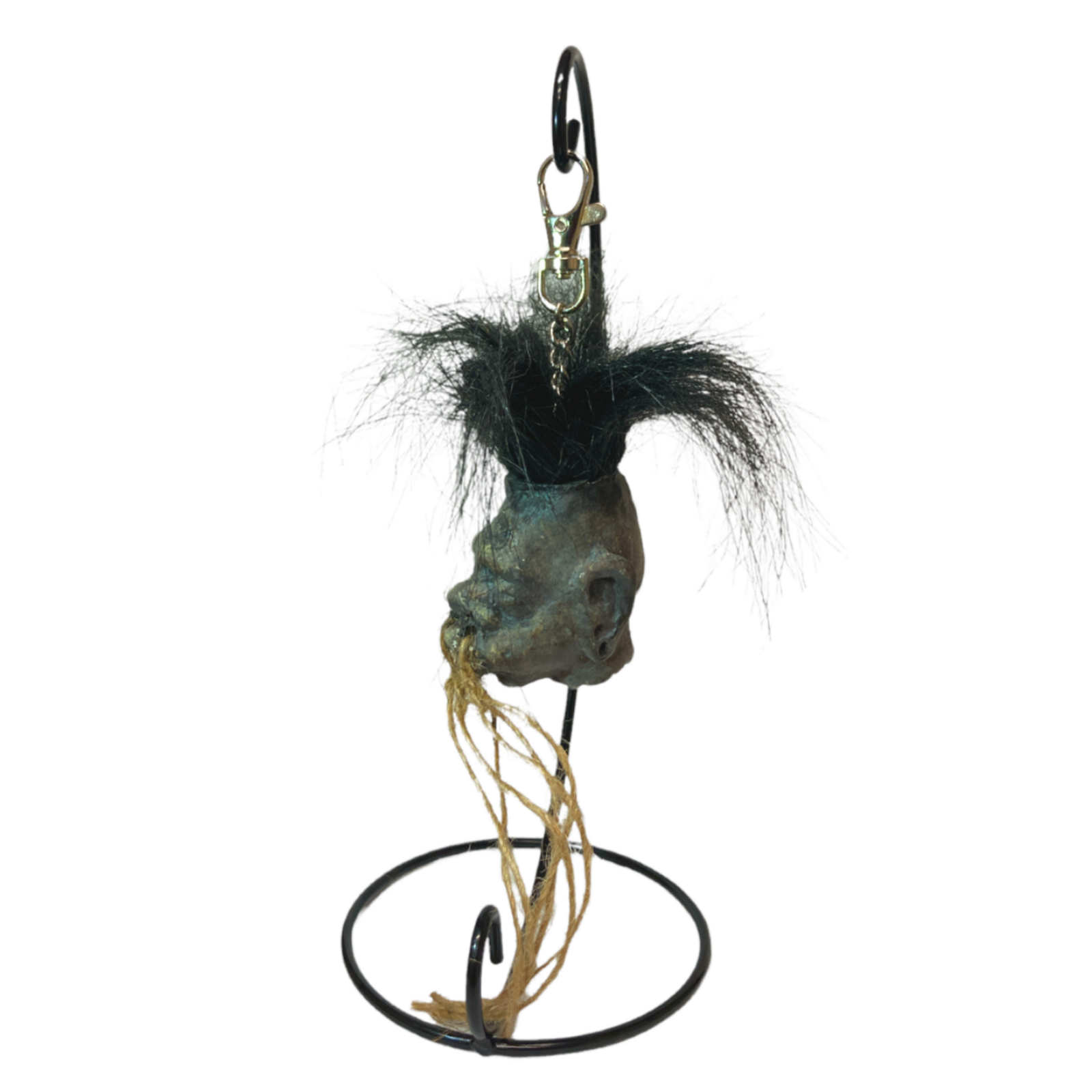 Small Shrunken Head with Hair Metal Stand Oddity Magic Ritual Voodoo Witchcraft
