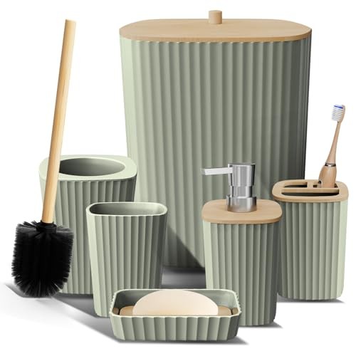 Bathroom Set - Bathroom Accessories Set, 6PC Bathroom Complete Set Sage Green