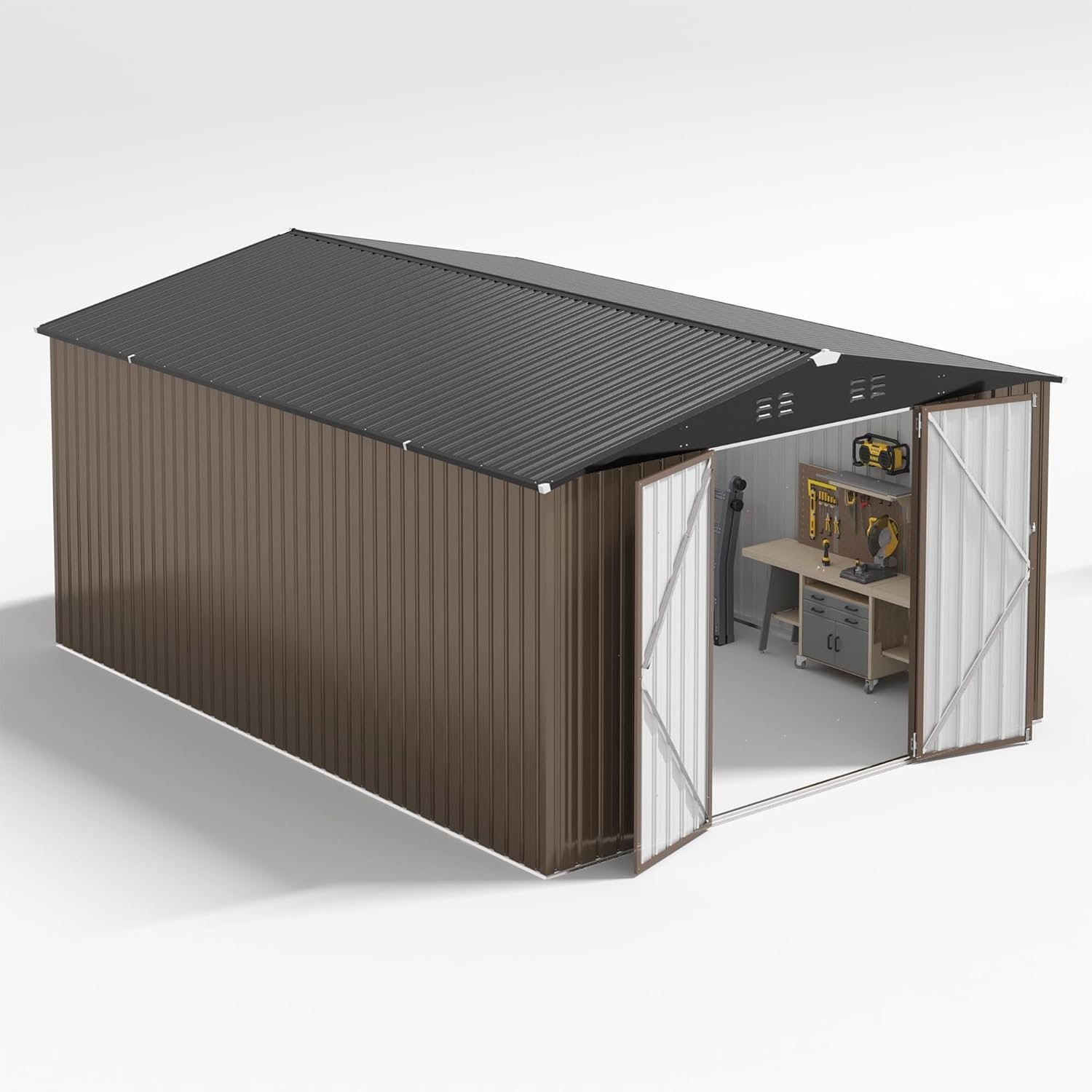 10x14 FT Outdoor Storage Shed with Frame Structure and Lockable Doors,Brown