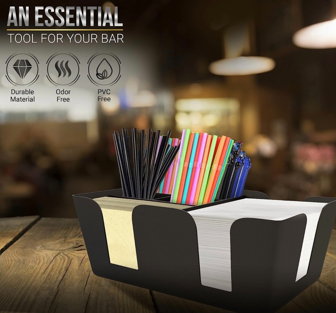 Black Plastic Bar Caddy Utensil Caddy/Holder for Napkin & Straw 6 Compartments