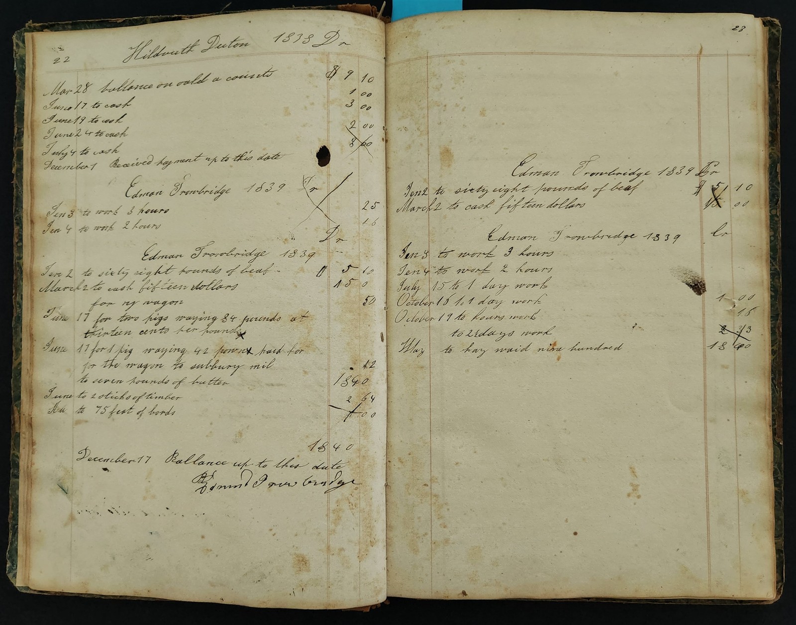 1835-60s antique LEDGER farmingham ma PETER DAVIS farm work horse wagon sider