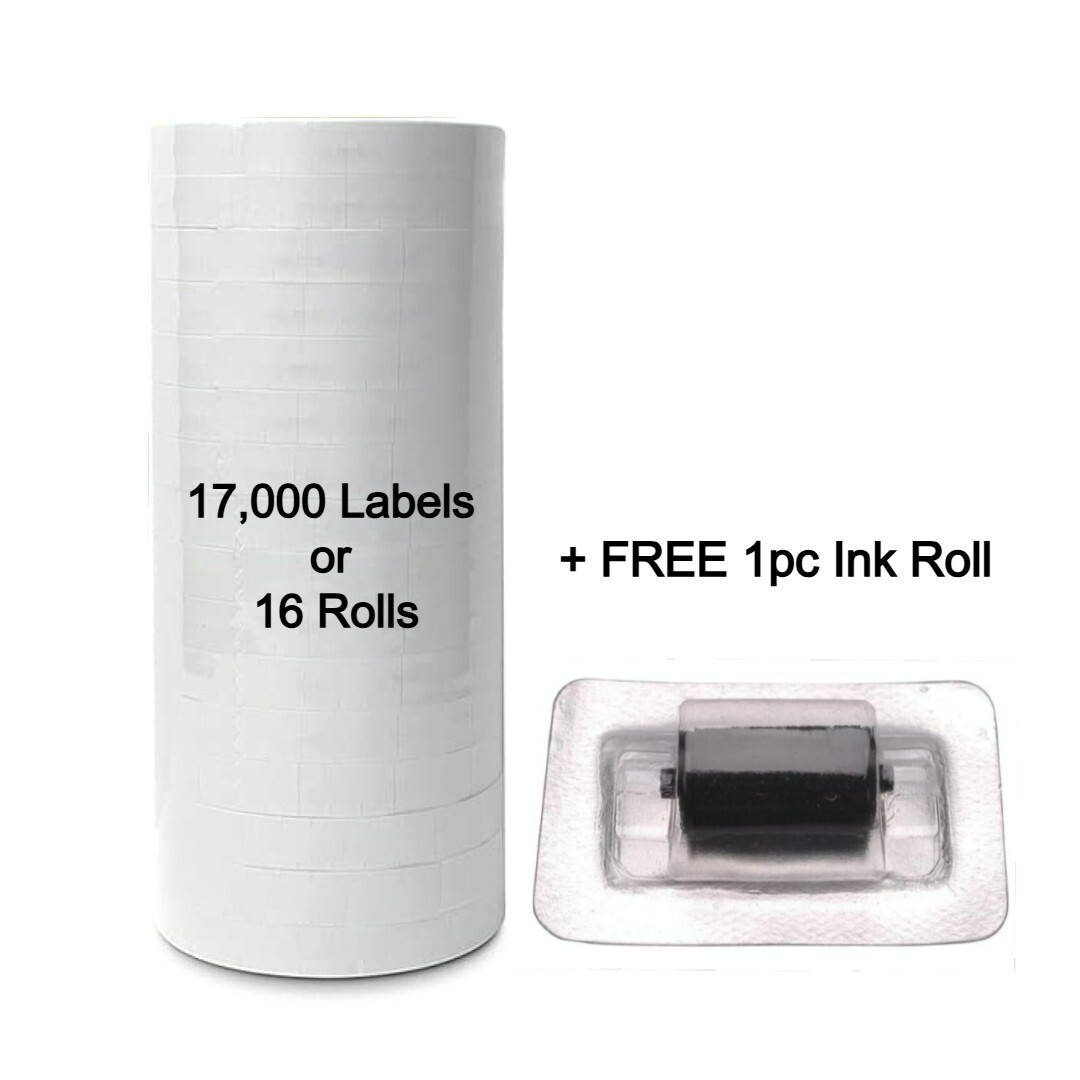 17,000 White Price Labels (16 Rolls) for Monarch 1110, 1105, 1107 +FREE Ink Roll