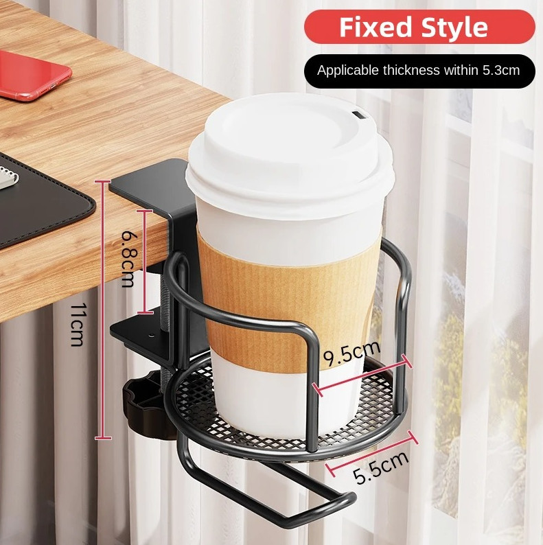 2-in-1 No-Drill Desk Cup Holder Adjustable Clamp 360° Rotating Stand