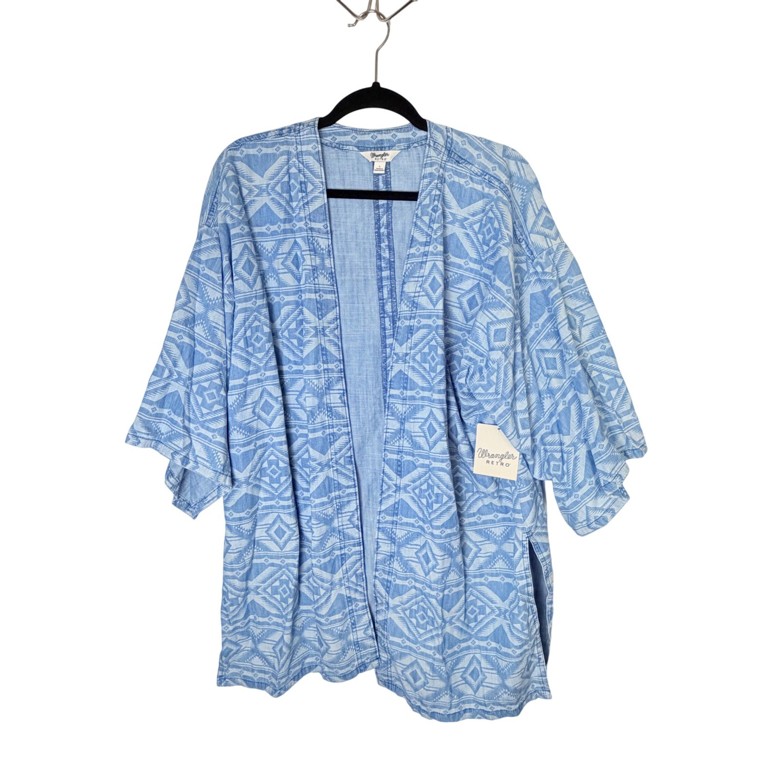 Wrangler Retro Denim Geometric Print Kimono Jacket Blue White Size L NWT