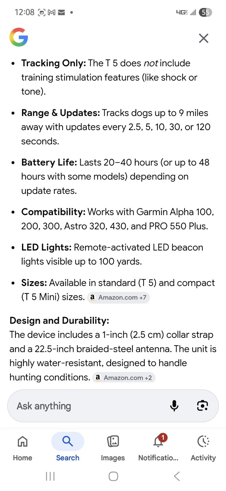 GARMIN ALPHA T5 GPS DOG TRACKING COLLAR WITH CHARGER. UNUSED NO BOX