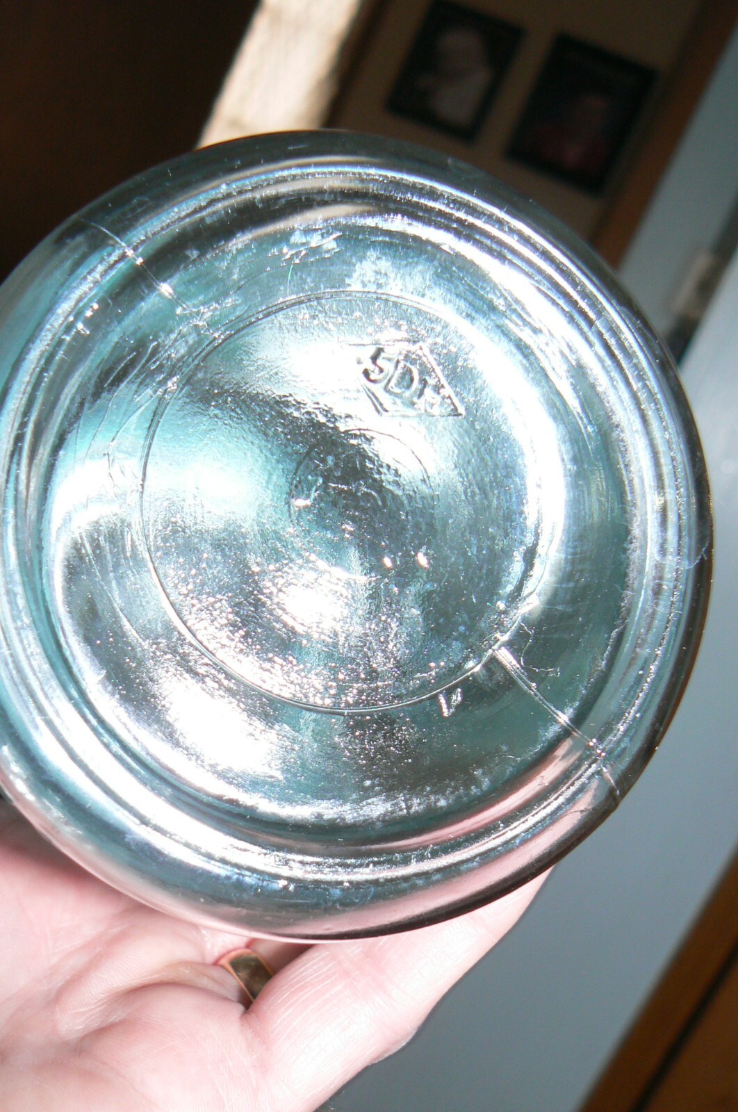 RARE 1920s Qt. Improved Gem Blue glass canning jar made by ( SDH ) from Canada,
