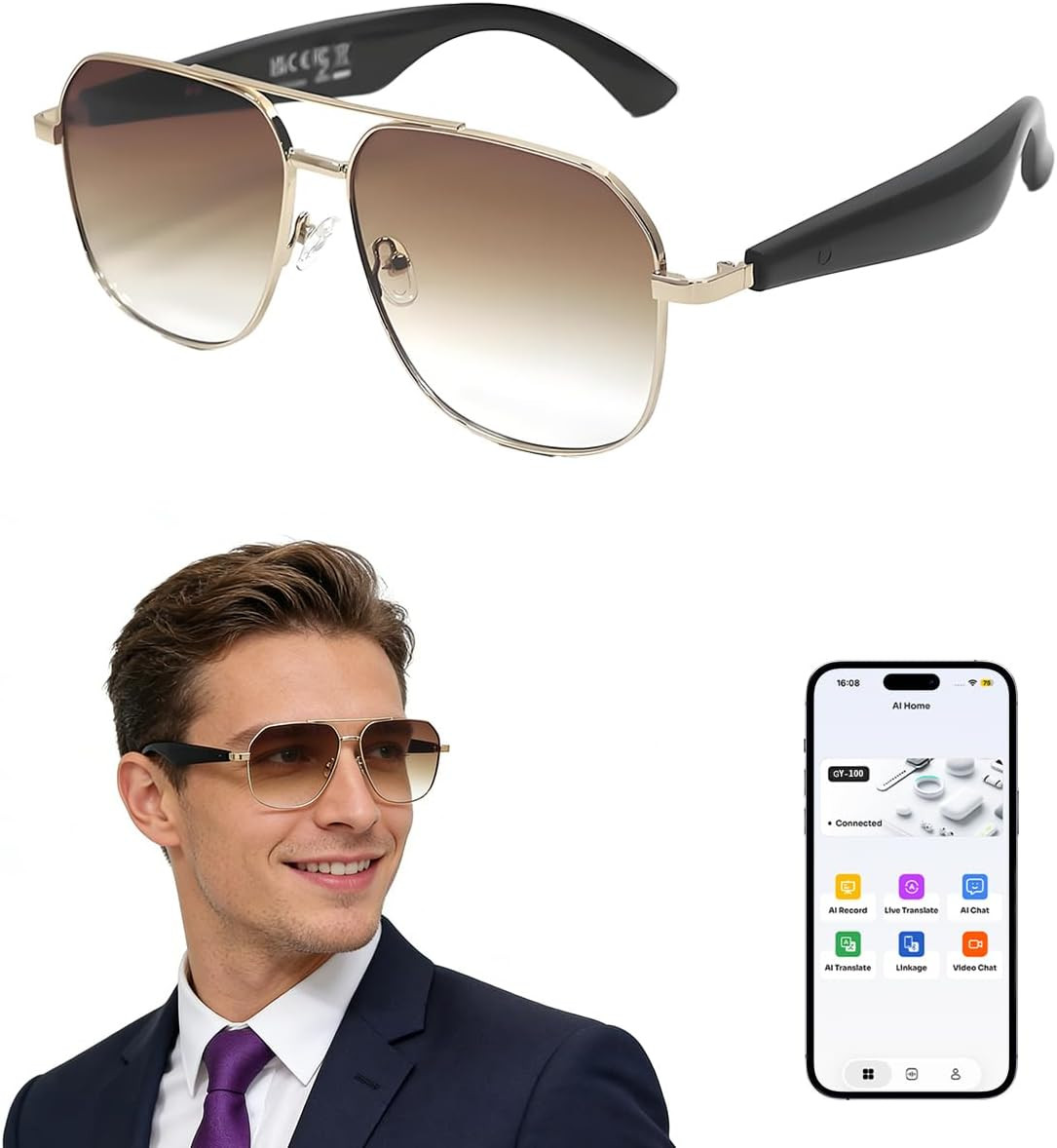 AI Smart Glasses for Men&Women Bluetooth Open-Ear Speakers for Music Call Work