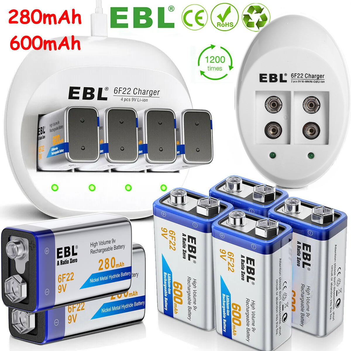 EBL 9V Li-Ion Rechargeable Batteries 9 Volt 6F22 / 4 Slot Battery Charger Lot