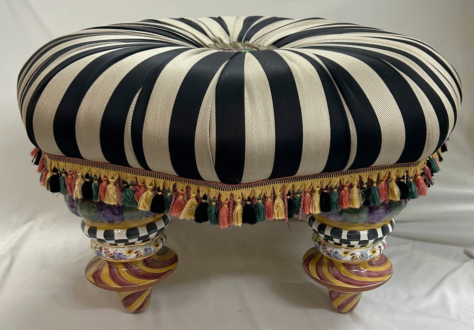 Mackenzie-Childs On Wall Street Ottoman Black & Beige w/Hand Painted Legs - NICE