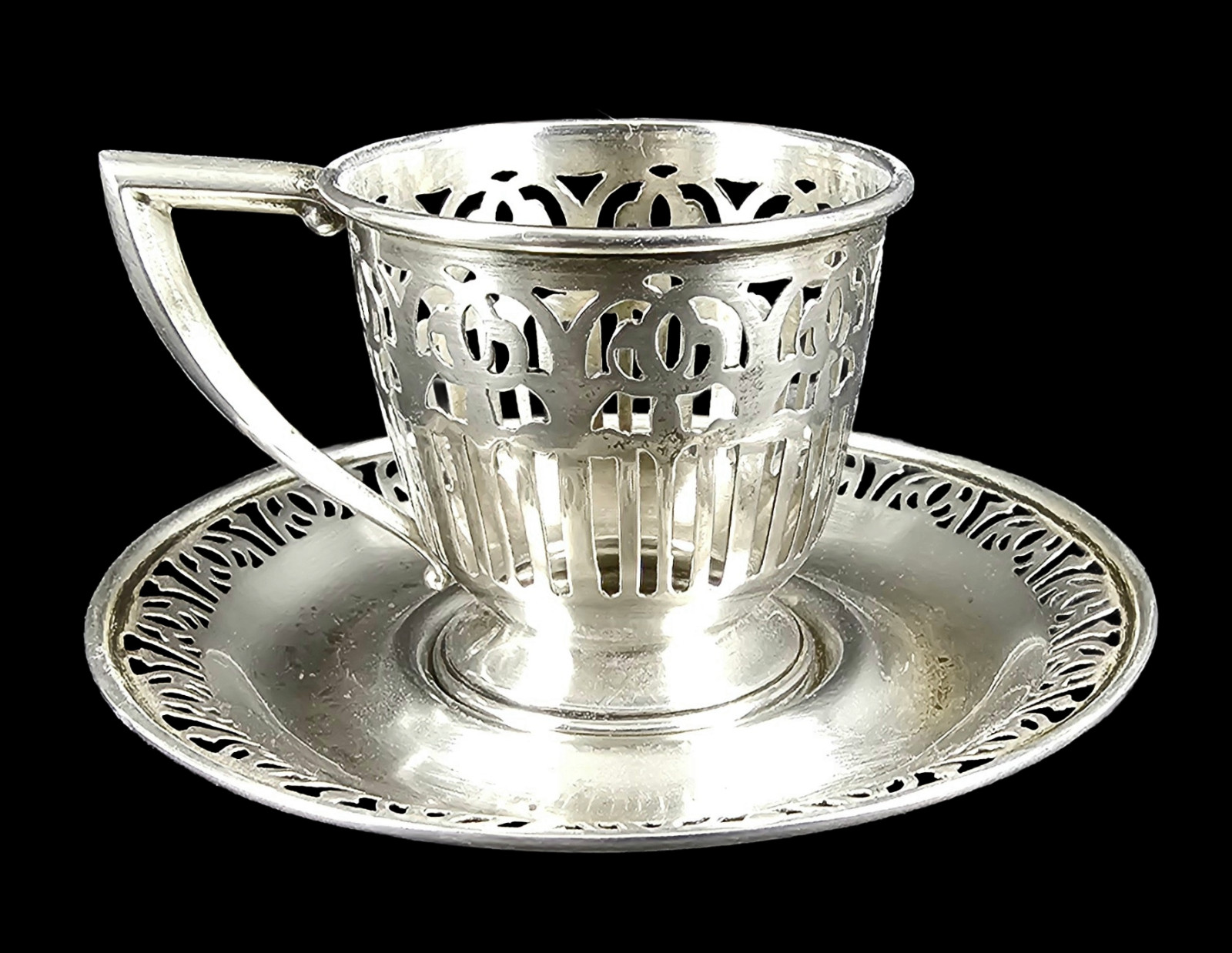 DEMITASSE STERLING CUP HOLDER & SAUCER w LENOX PORCELAIN CUP