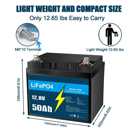 12V 50Ah LiFePO4 Lithium Battery with Charger, Smart BMS, for RV, Marine Lot