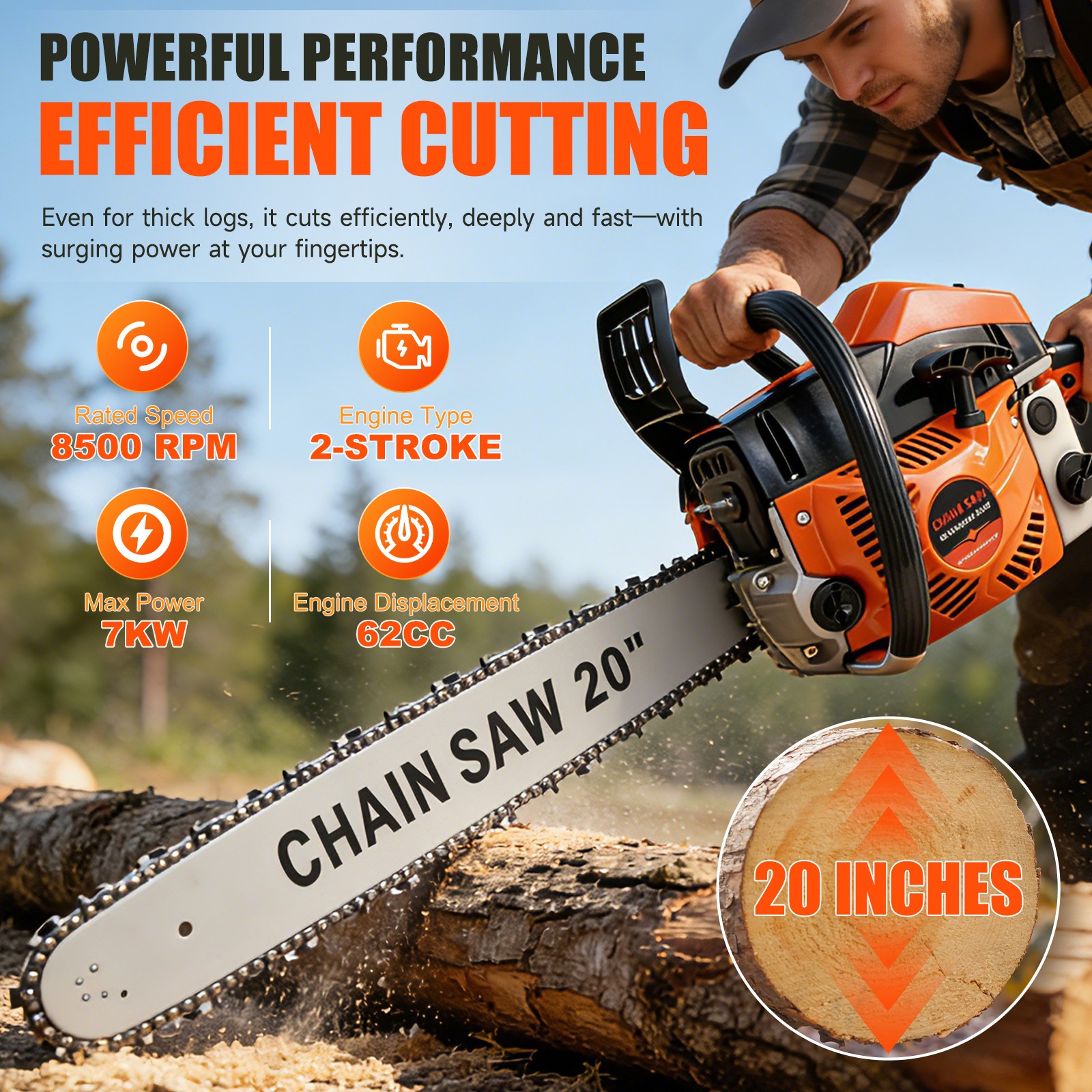 62cc Gas Powered Chainsaw with 20'' Guide Bar Saw Chain 2-Stroke Engine Cut Wood