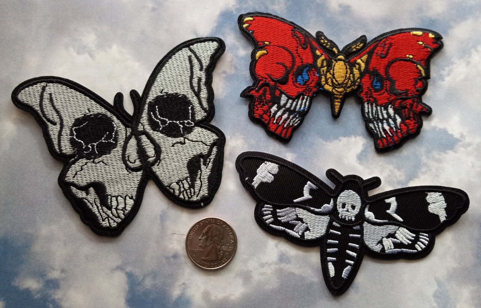Death Head Moth Skulls Creepy Halloween Embroidered Iron on PATCH SET of THREE