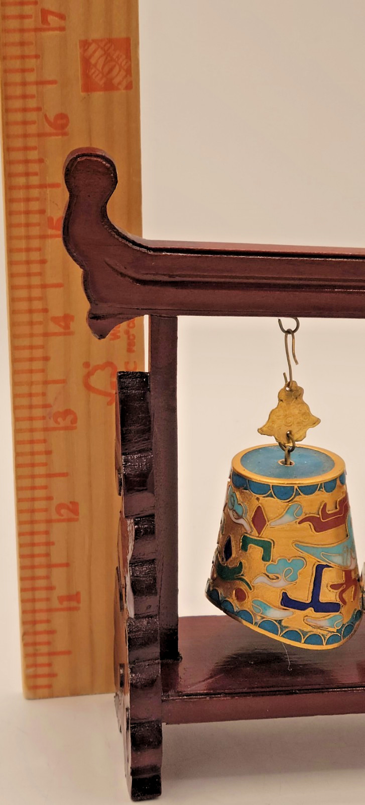 Chinese Cloisonne Graduated Musical Bell Set on Wood Carved Stand FREE SHIP