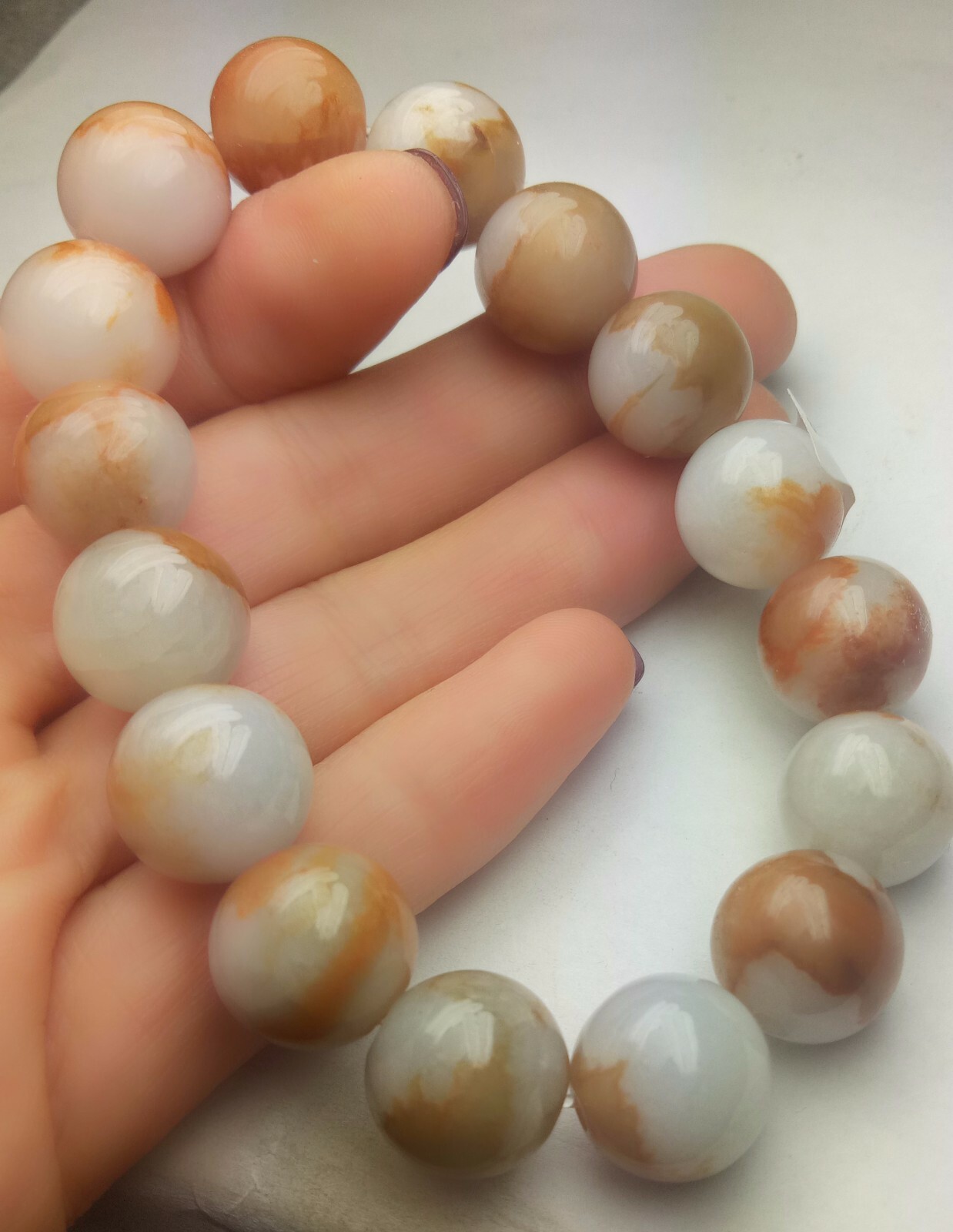 Certified Orange Brown White Natural A Jade Jadeite 12mm Bead Stretchy Bracelet