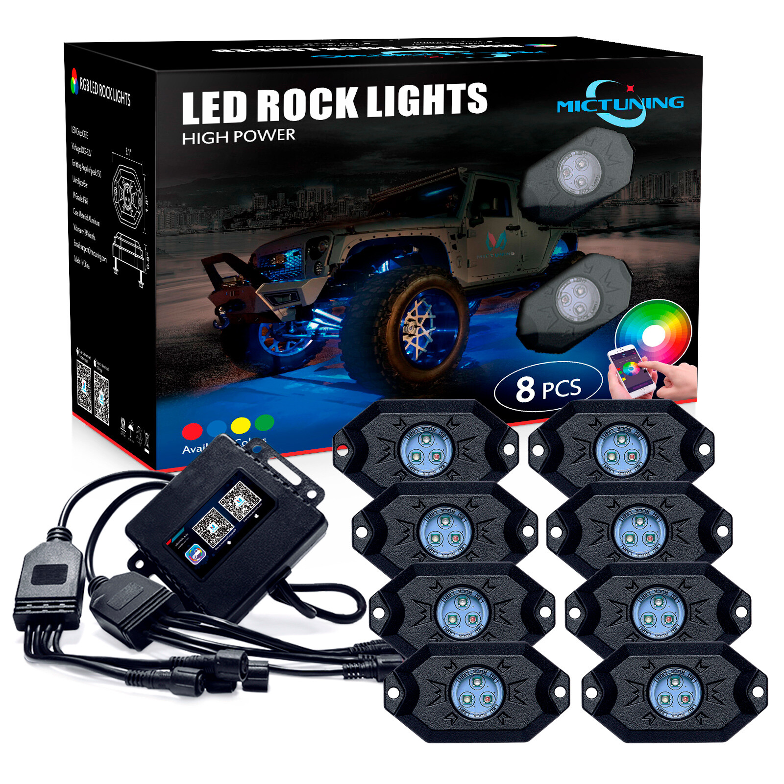 MICTUNING 2nd-Gen RGB LED Rock Lights Bluetooth 8 Pods Underbody Neon Lights Kit