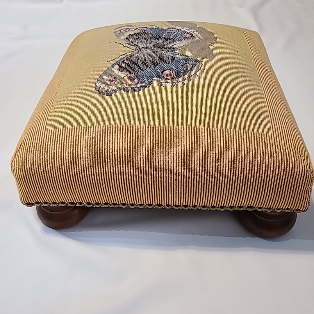 Vintage needlepoint butterfly footstool 13" x 13" x 5" Wooden Feet