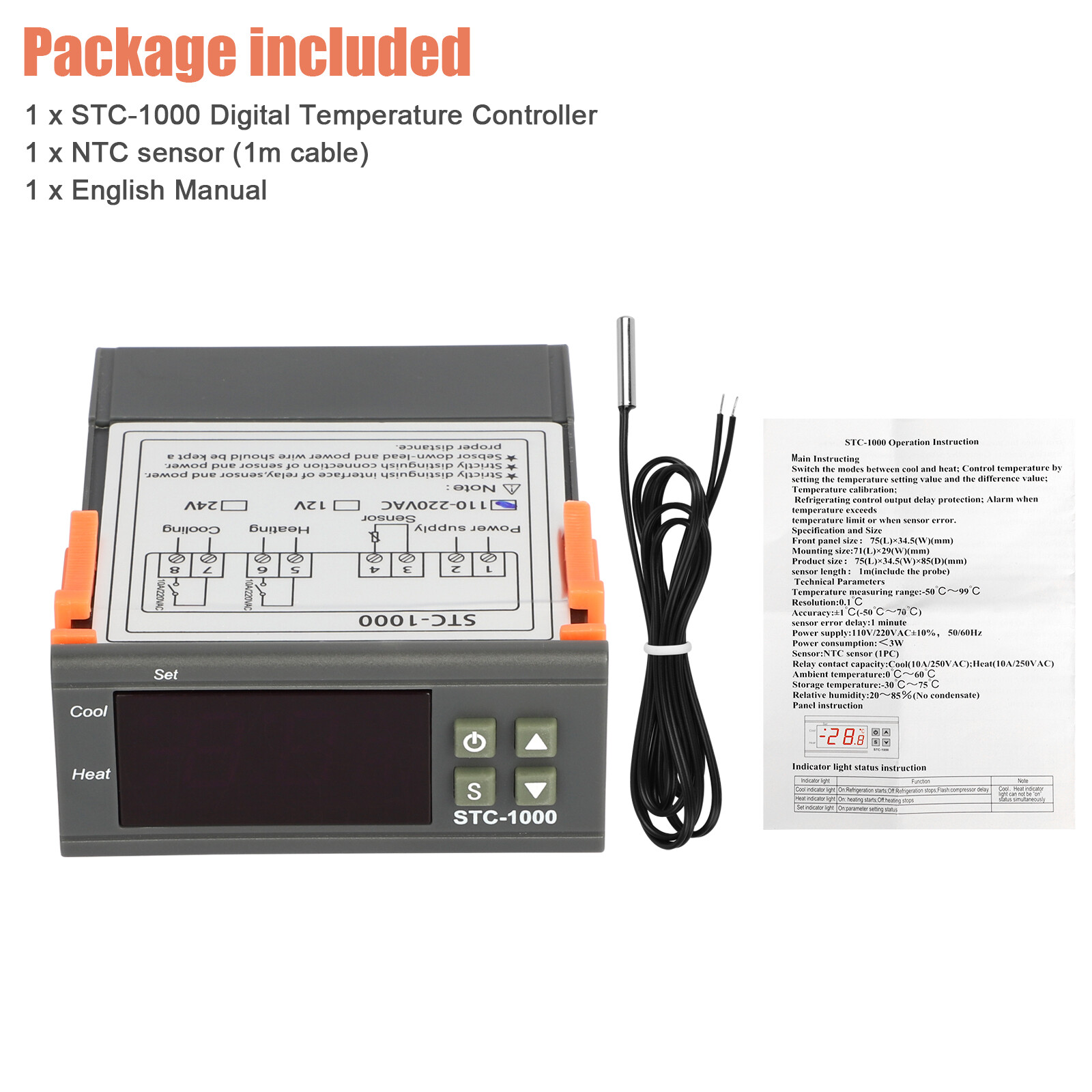 AC 110V Universal STC-1000 Digital Temperature Controller Thermostat w/ Sensor