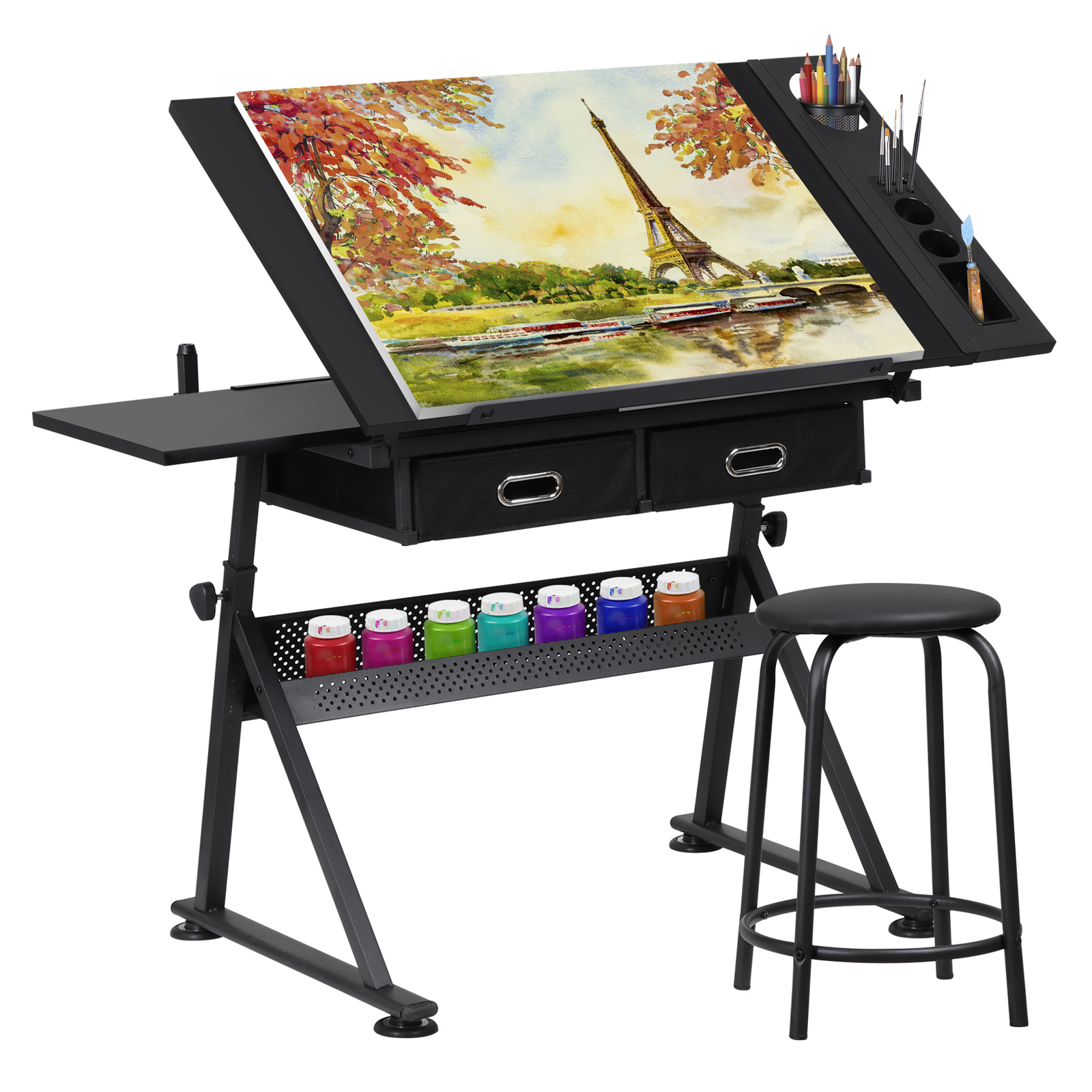 Drafting Table Art Desk Drawing Table Adjustable Tilted Tabletop w/Stool Black