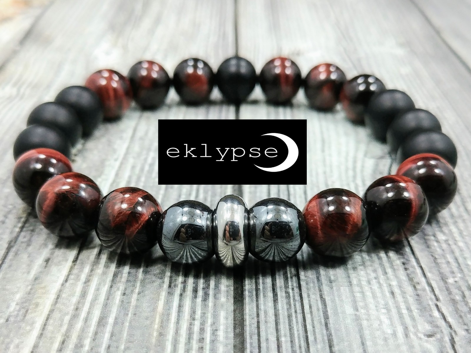 8"L STAINLESS STEEL 10mm Tigers Eye+Hematite+Onyx Gemstone Beaded Men's Bracelet