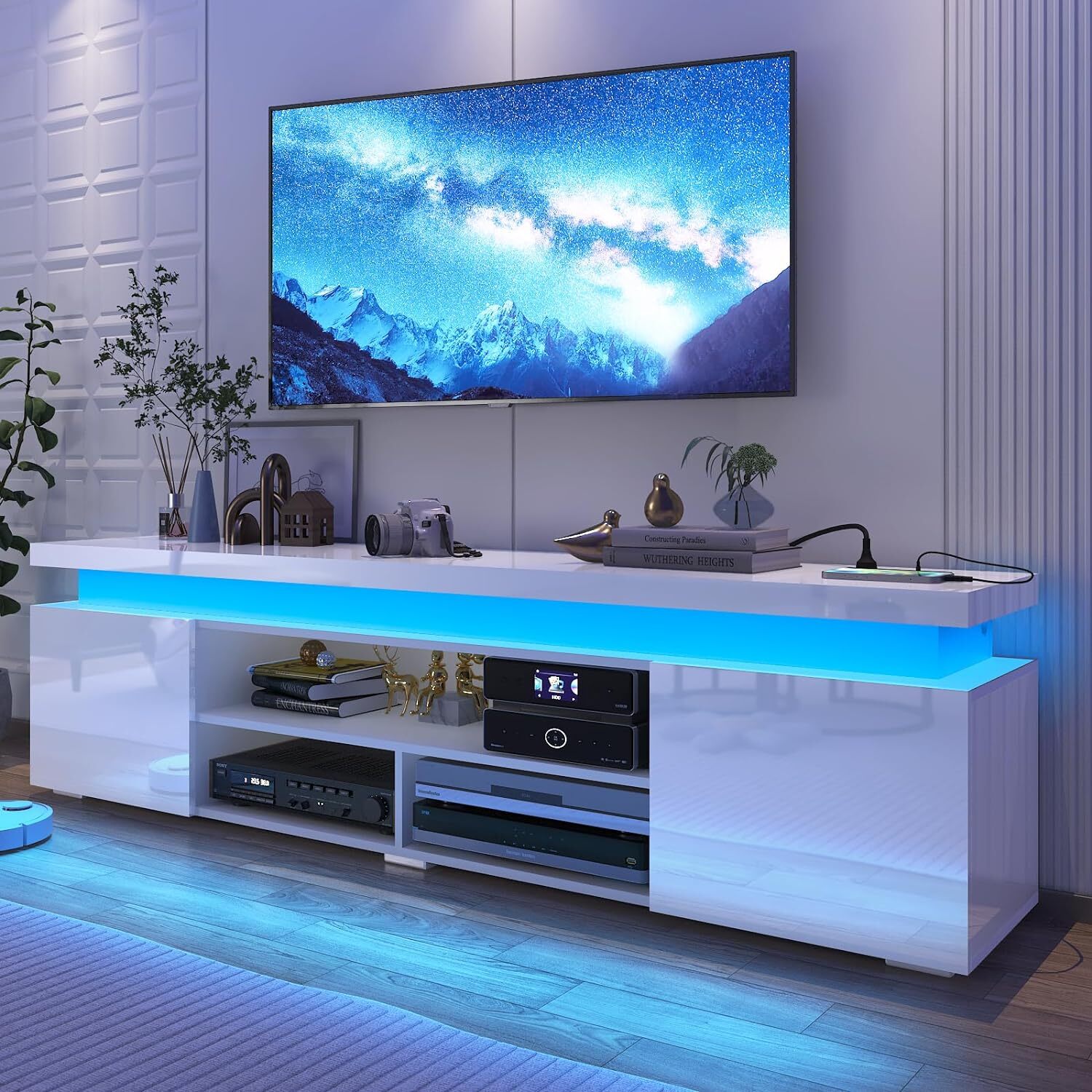 66"/75" Modern High Gloss LED TV Stand, Entertainment Center for 75"/85" TV