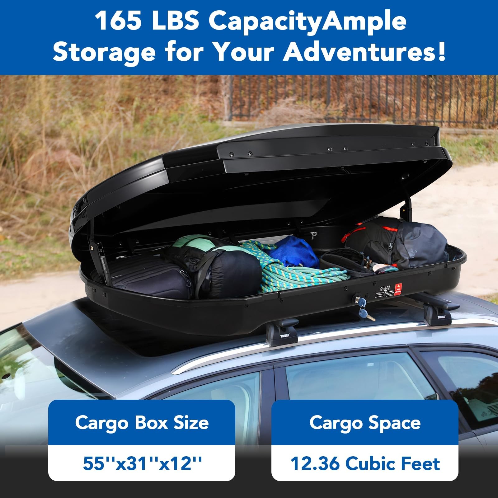 Hard Shell Roof Top Cargo Carrier, 12.4 Cu.Ft Waterproof Car Roof Storage Box