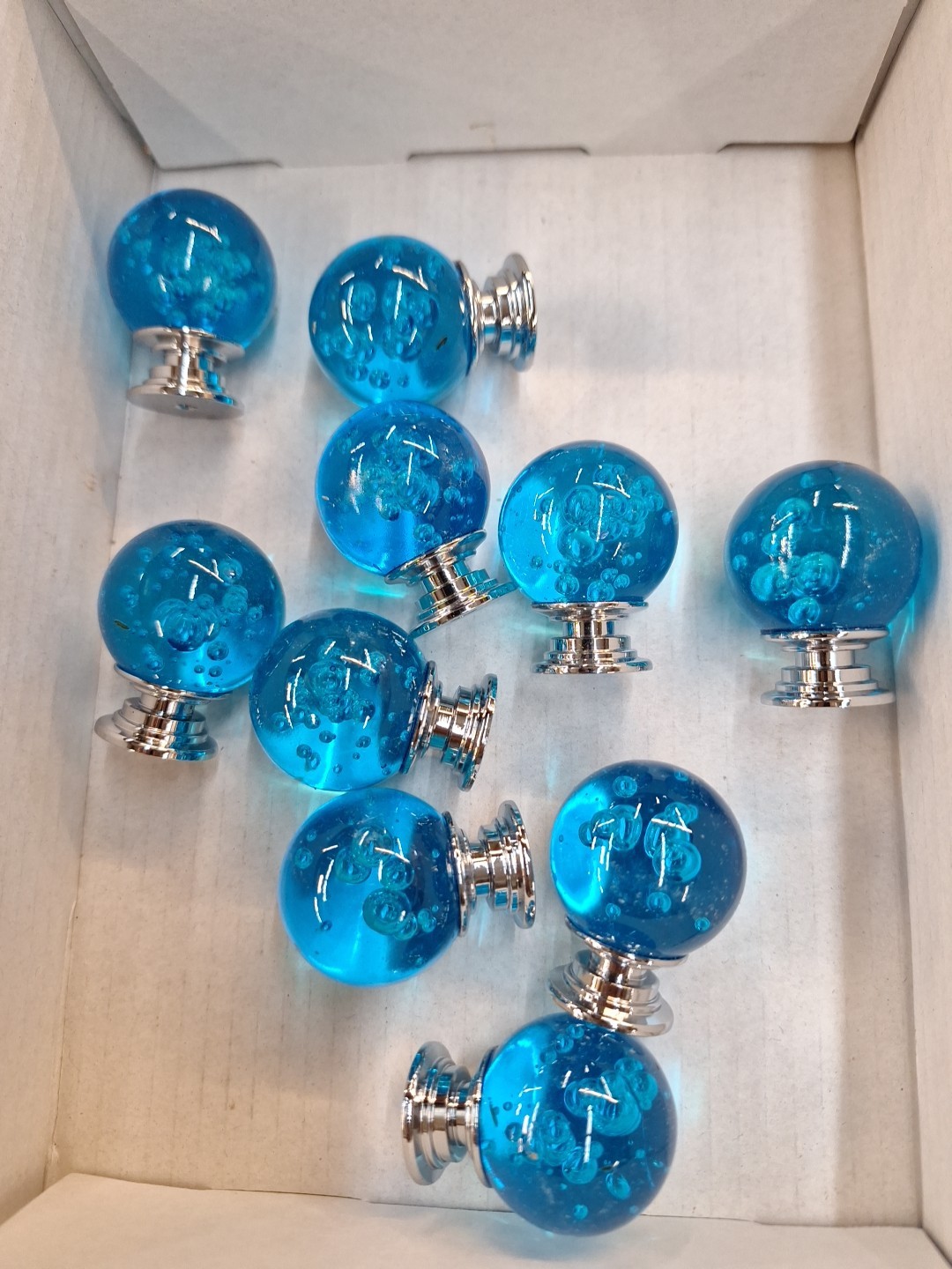 Medium  Blue Bubble Glass With Silver Base Cabinet or Drawer Knobs (Set of 10)
