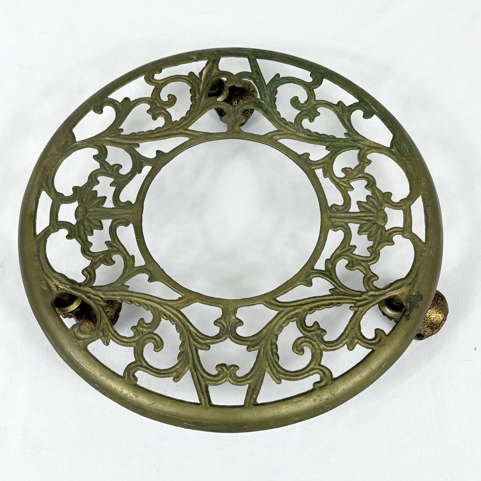 Vintage Ornate Round Brass Rolling Plant Stand on Wheels 10.75"