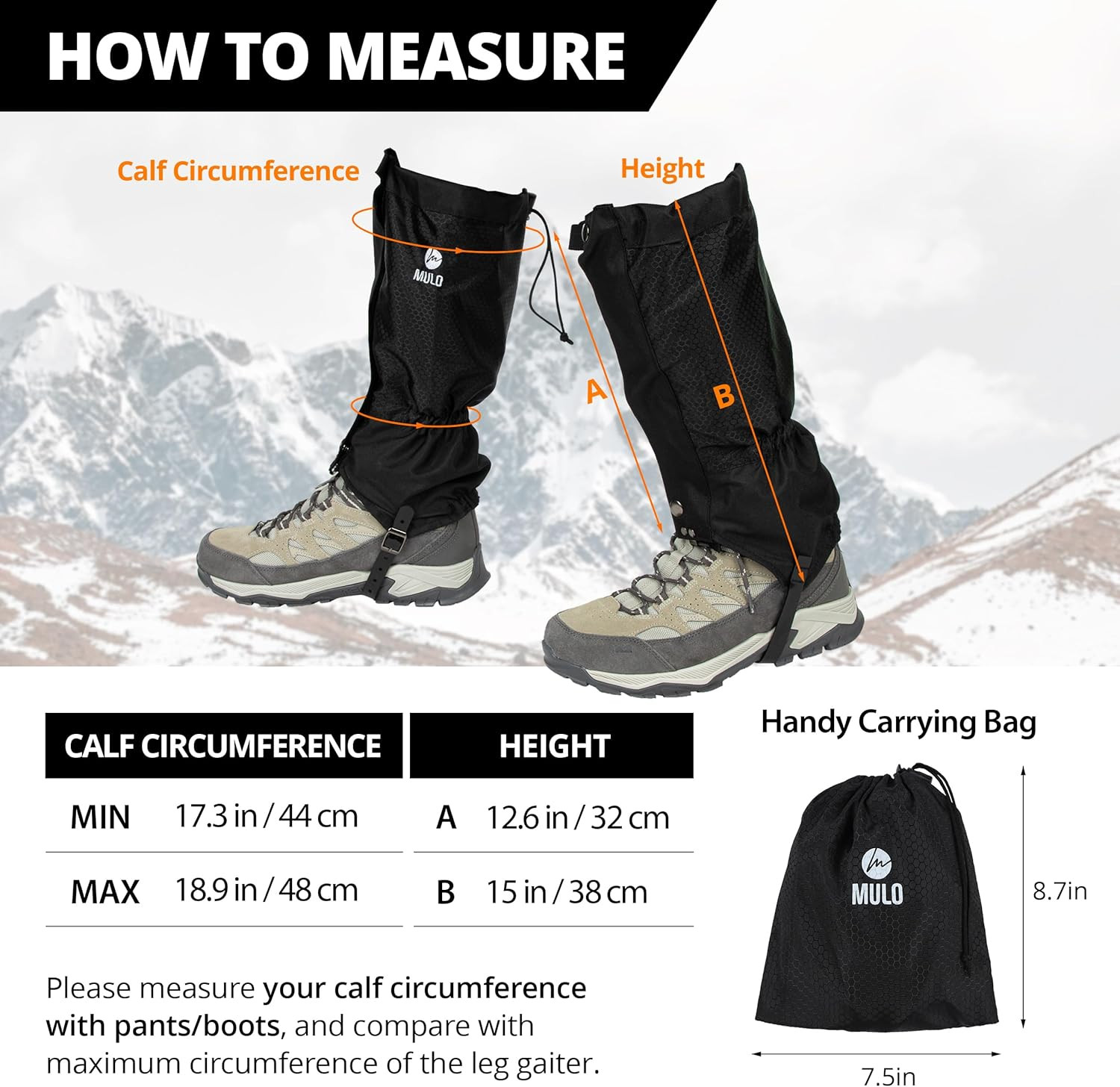Waterproof Leg Gaiters - Lightweight Adjustable Boot Gaiters for Hiking, Hunting